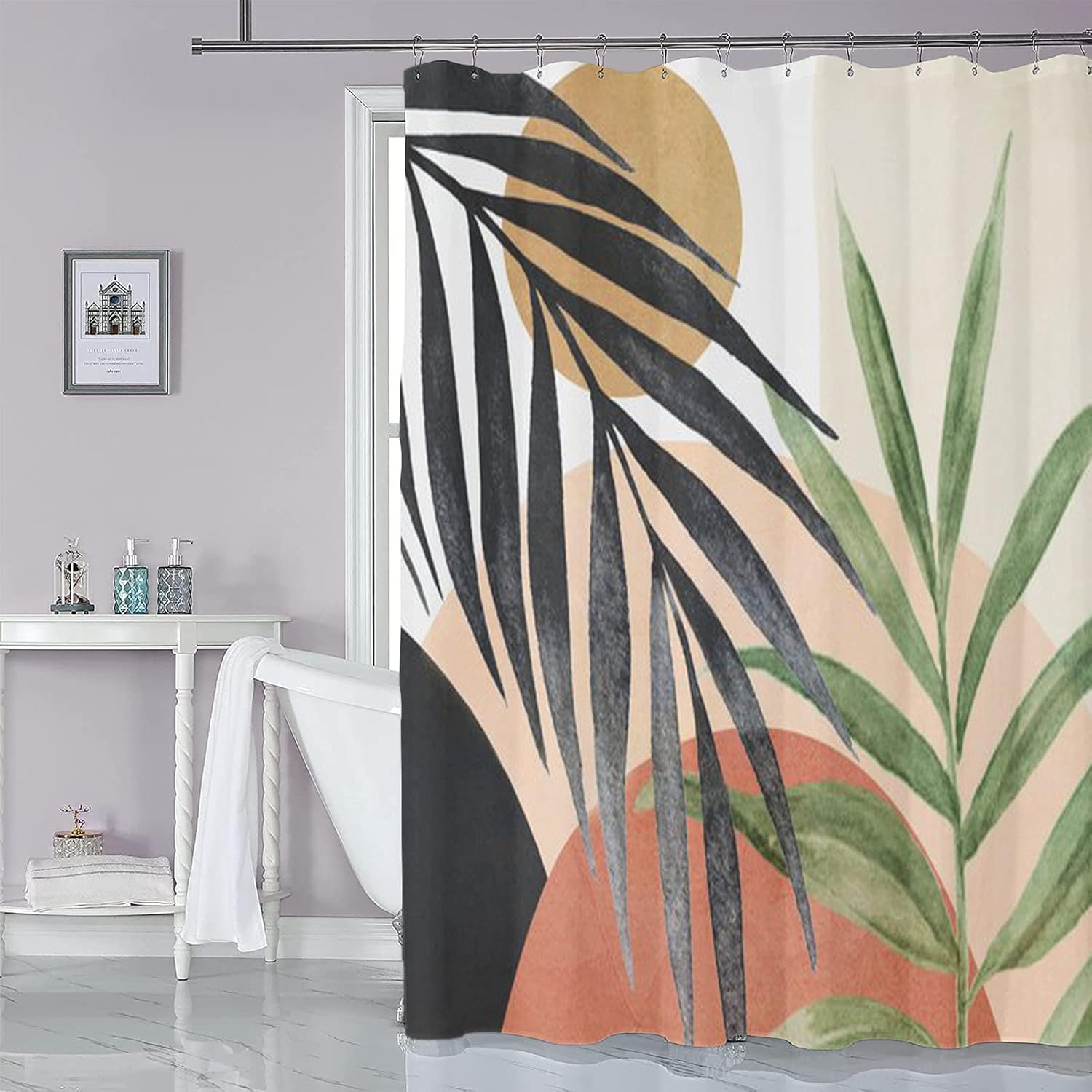 Zasłona prysznicowa z tkaniny Boho w stylu mid-century, abstrakcyjna zasłona prysznicowa z motywem liści tropikalnych, 72 "x 72"