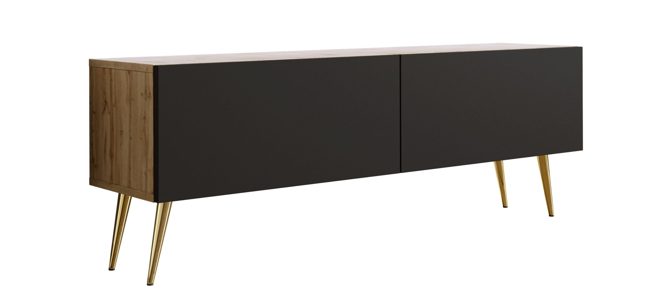 Szafka RTV : Dąb Wotan / Czarny Matowy, złote nogi, 140 x 32 x 52 cm