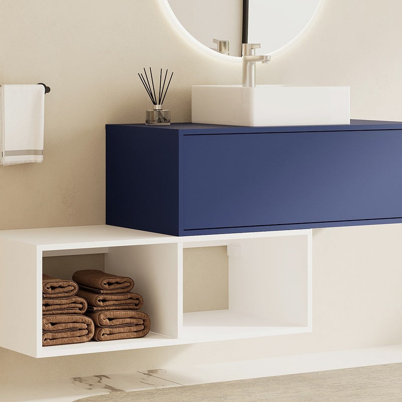 Szafka łazienkowa wisząca z kwadratową umywalką - 1 niebieska szuflada i 2 białe wnęki - 94 cm - TEANA II