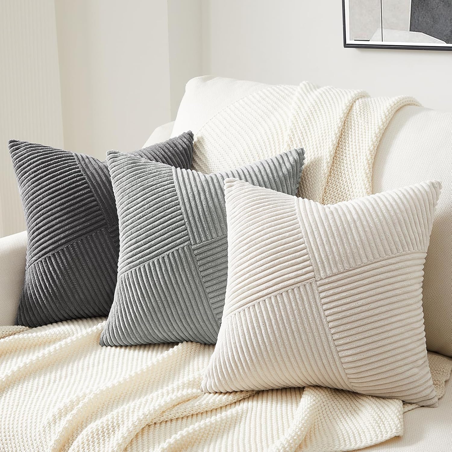 Lot de 2 Housse de Coussin 45x45 en Velours Côtelé Doux Crème Blanc,Housse Coussin Canapé Decoration Maison Salon Chambre pour Canapé - 5