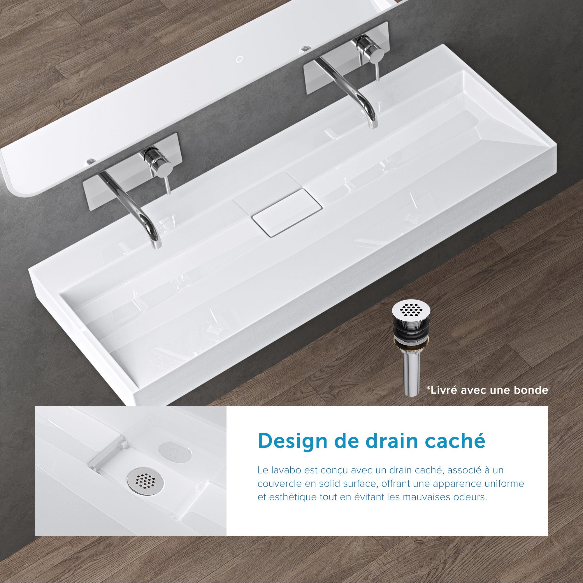 doporro Lavabo Suspendu avec Bonde Vasque à Poser Blanc 120x46x11cm Lave Mains Rectangulaire Colossum19 - 3