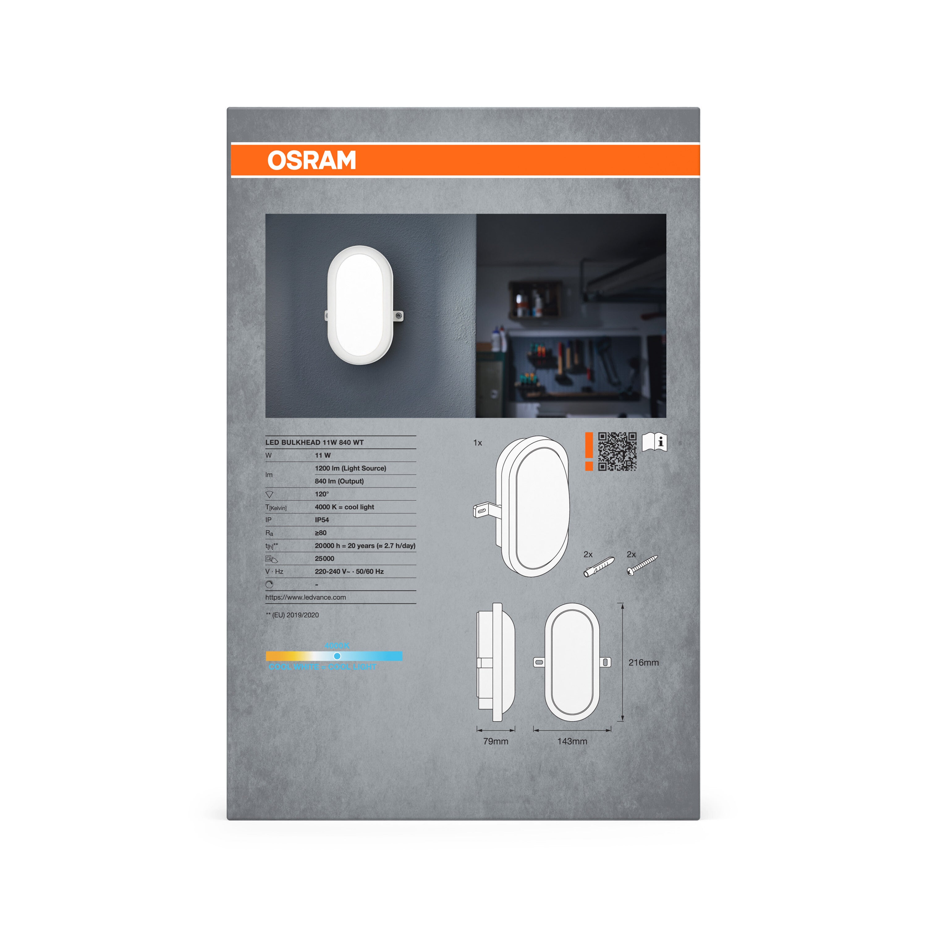 OSRAM Applique murale LED 11W Bulkhead, 4000K, 840 lm, IP54, IK06, antichoc, boîtier en polycarbonate blanc, angle d'éclairage 120°, pour caves et - 3