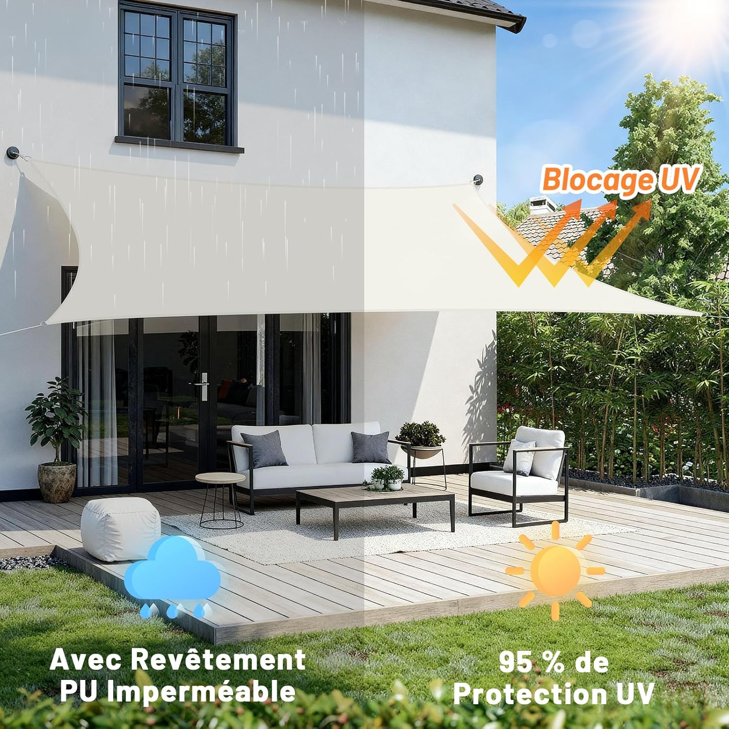 Toldo rectangular impermeable de 3x4 m, tela de sombra PES color crema con 95% de protección UV para patio y jardín. - 3