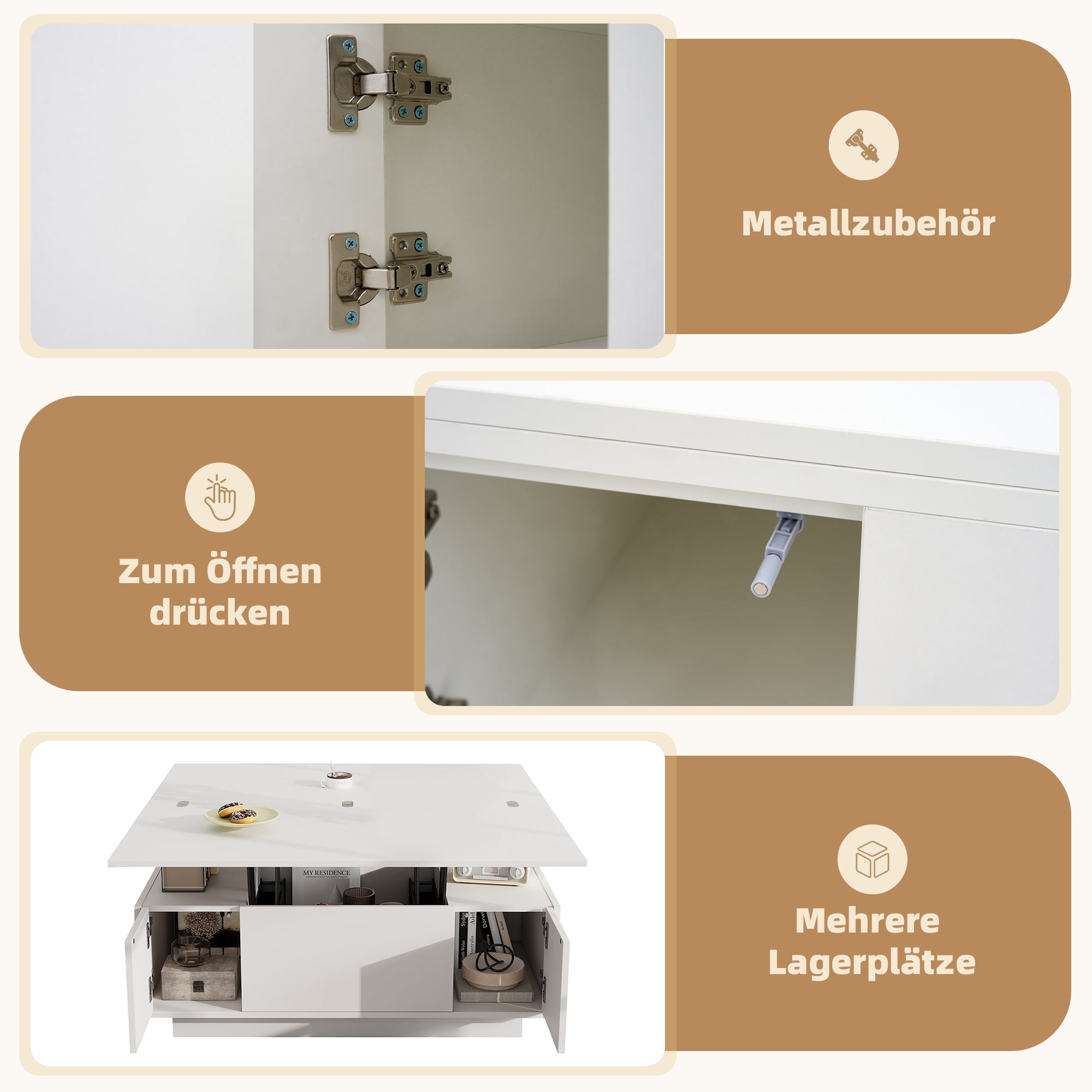 Stolik kawowy z 2 podnoszonymi blatami i 2 małymi drzwiczkami - 100 x 50 x 55,5 cm - Płyta wiórowa - Biały - 3