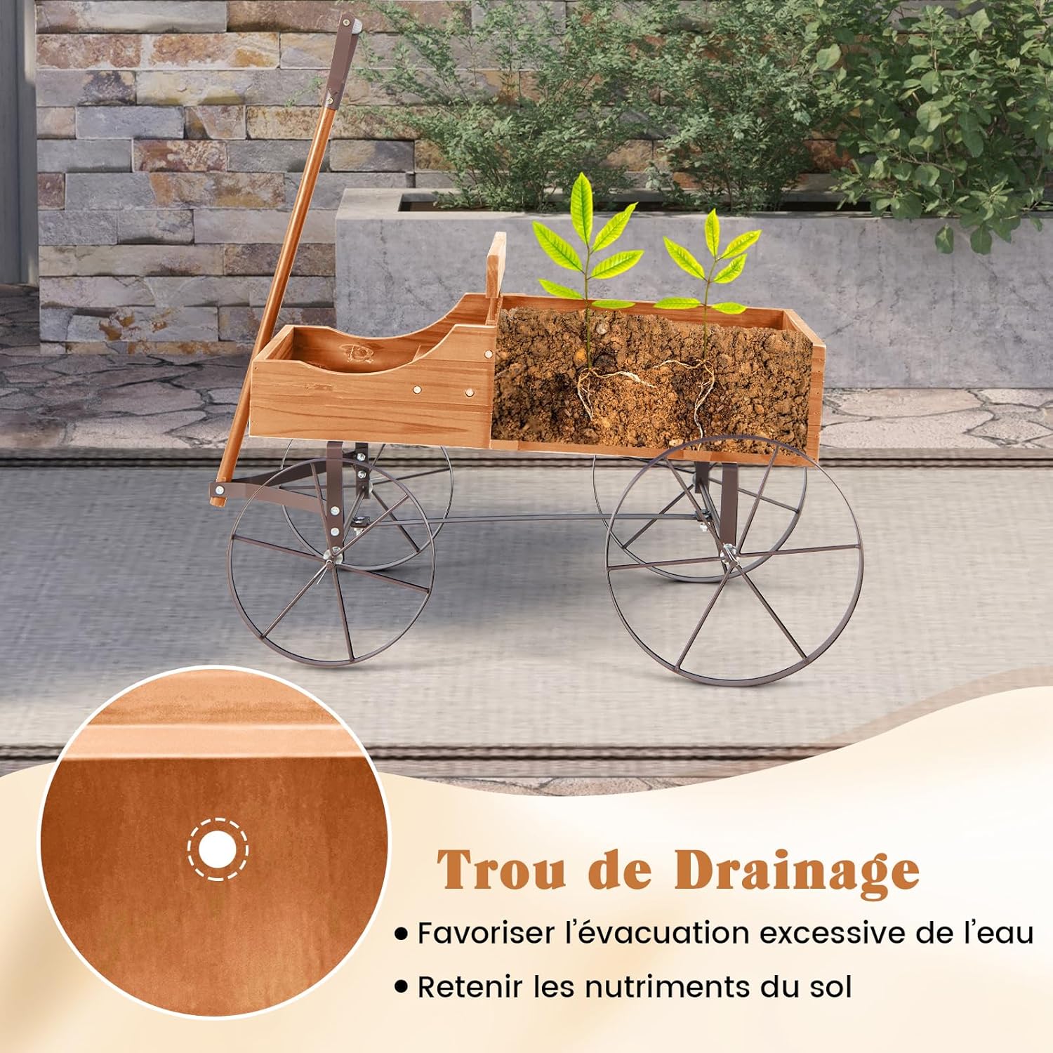 Brouette Décorative en Bois avec 2 Compartiments à Planter, Jardinière avec Roues Métalliques et Poignée à l'avant Charge 15kg (Orange) - 7