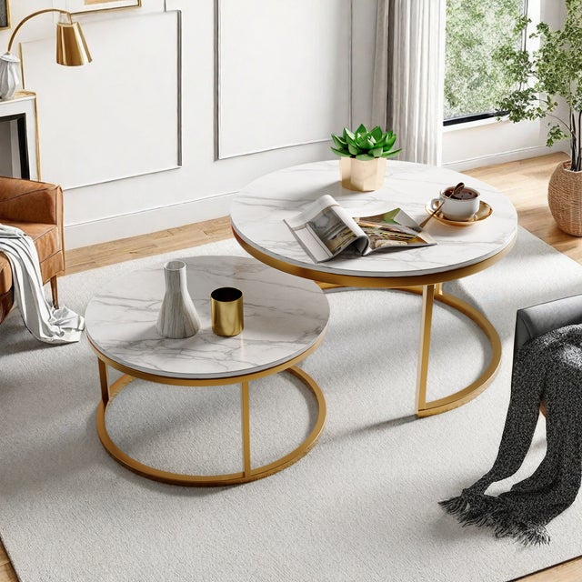 Lot de 2 Table Basse Gigogne, Table Ronde avec Aspect Marbre Blanc et Cadre Doré, pour Salon et Balcon, Haute Brillance, 80+60cm