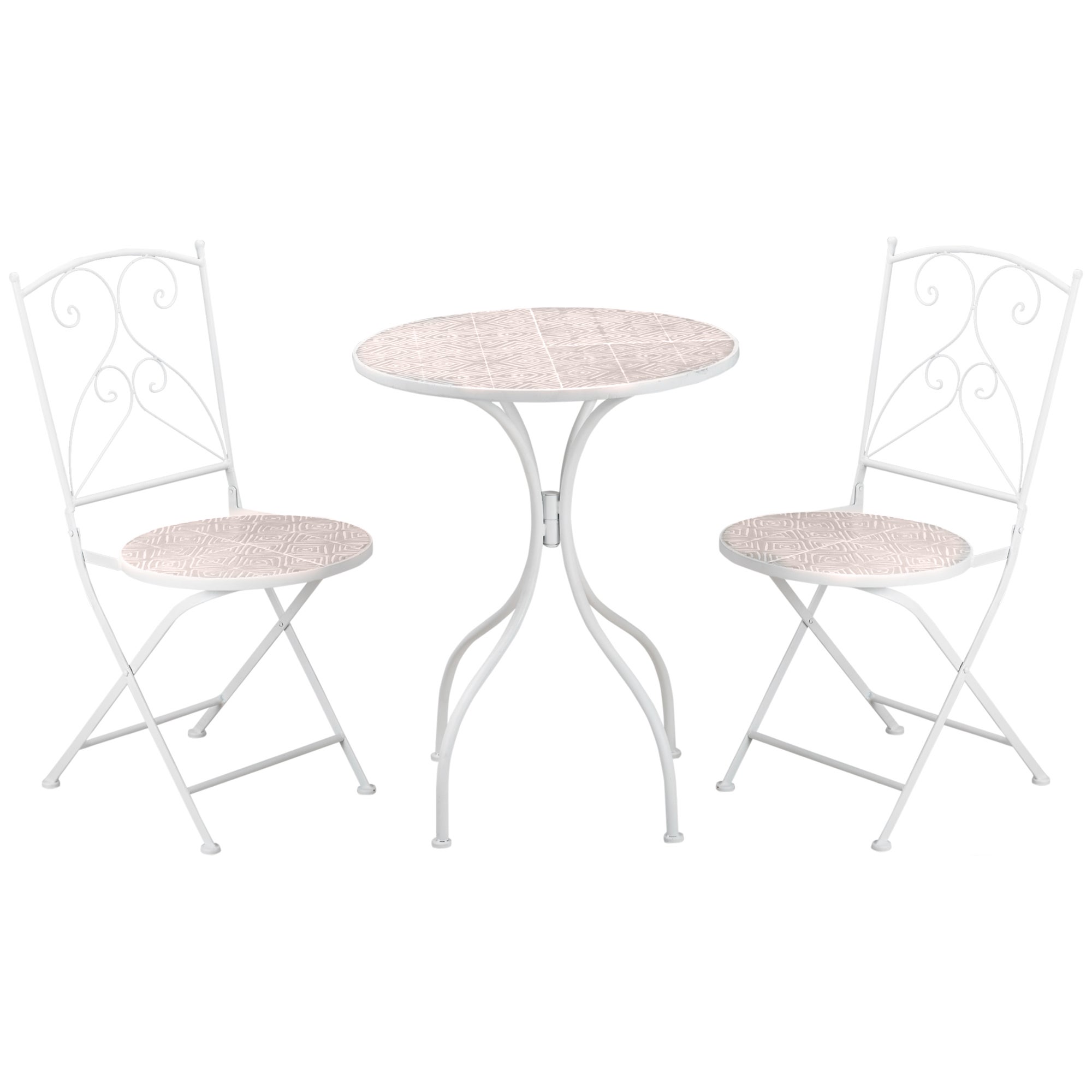 Outsunny Salon De Jardin Bistro 3 Pièces – Table Ronde & 2 Chaises Pliantes Métal Époxy Blanc, Style Fer Forgé