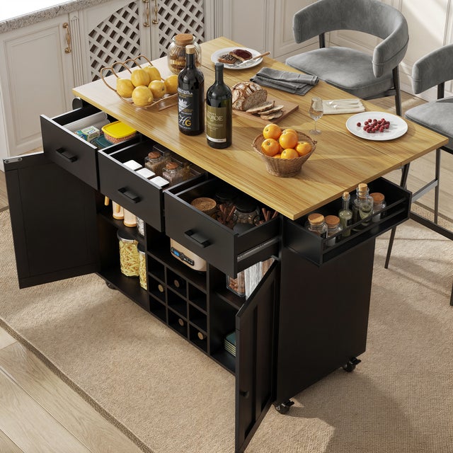 Ilot central de cuisine mobile avec 2 portes, 3 tiroirs et casier à vin 9 bouteuills - Plateau extensible - 124 x 40/65 x 91.5 cm - MDF - Noir