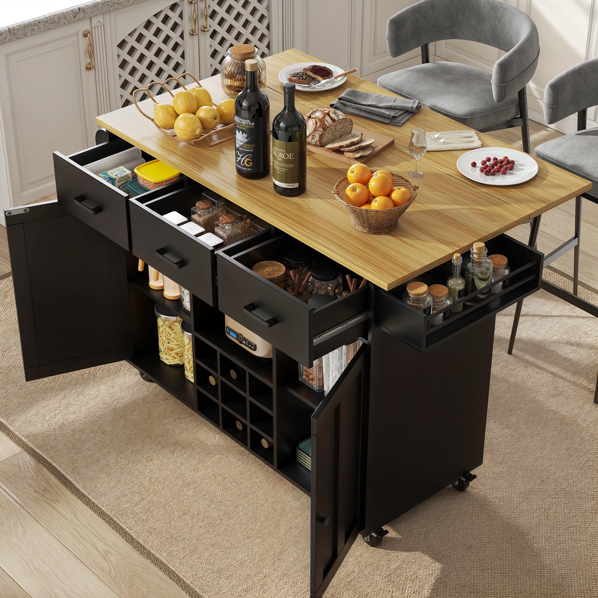 URBAN MEUBLE Îlot de cuisine roulante plateau pliable noir et effet bois