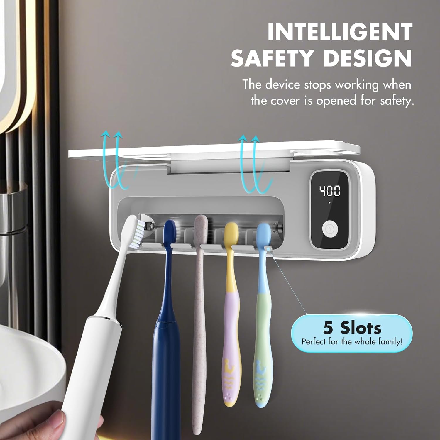 Stérilisateur de brosses à dents avec 5 emplacements, support de brosses à dents intelligent et organisateur, support mural sans fil et rechargeable - 3