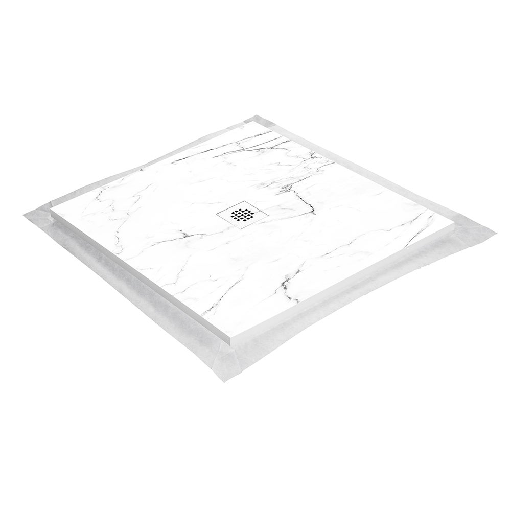 Plato de ducha de resina 100 x 100 cm imitación mármol blanco - rejilla cuadrada centrada