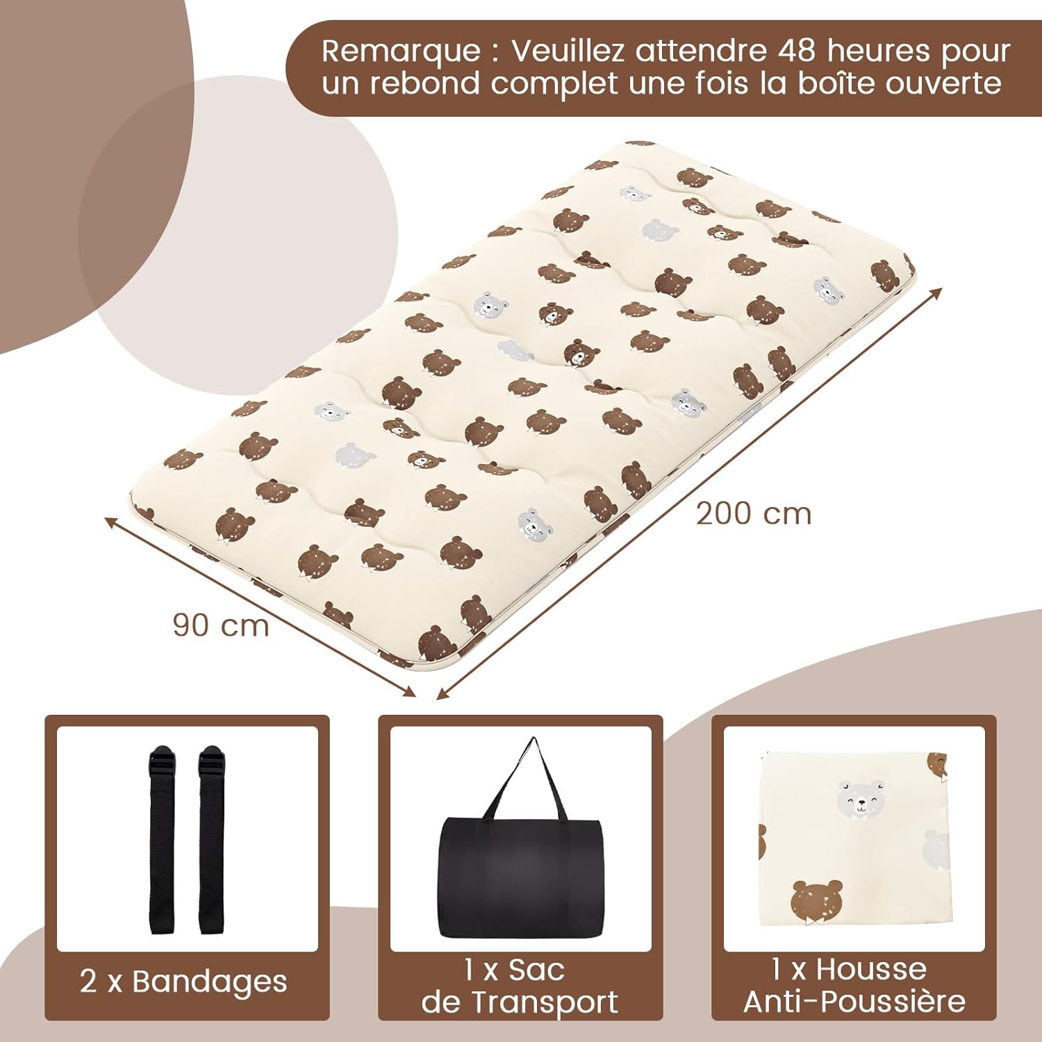 Matelas Futon Japonais 1 Personne 90x200CM, Lit de Couchage Enroulable de Sol Pliable et Portable avec Sac de Transport pour Camping, Voyages, Ours - 3