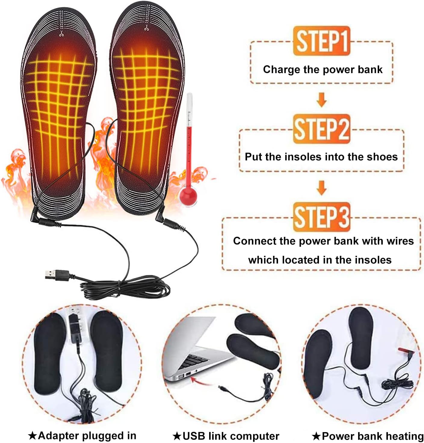 (EU 35-45) Calzini riscaldati, scaldapiedi elettrici ricaricabili tramite USB, calzini caldi invernali, calzini interni riscaldati per scarpe per cacc - 3