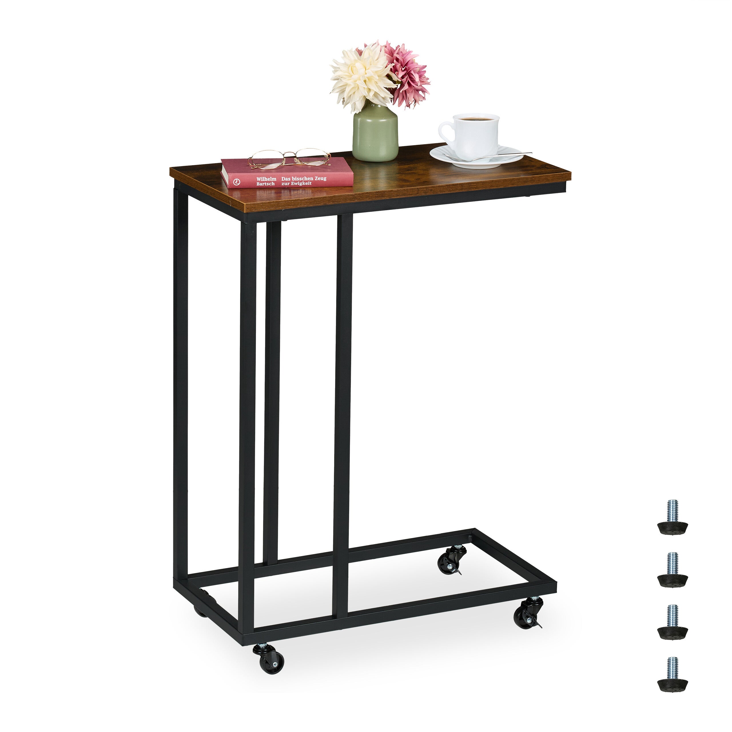 Relaxdays Mesa Auxiliar En Forma De C – Mesita Lateral Industrial De Metal Y MDF, 60x30x45 Cm, Soporta 30 Kg, Ideal Para Sofá O Cama (Negro Y Marrón)