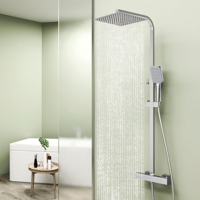 Colonna doccia OCEAN ITALY soffione doccia quadrato 25x25cm con miscelatore termostatico, sistema doccia antiscottature cromato