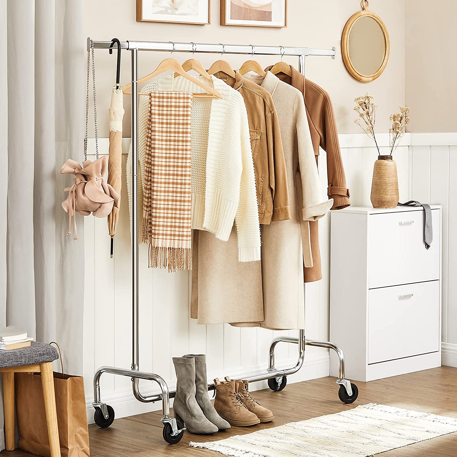 SONGMICS Portant à Vêtements avec roulettes, Lot de 2, Tringle Extensible pour Charge Lourde, Capacité de Charge 130 kg, Porte-Manteau, Argent - 5