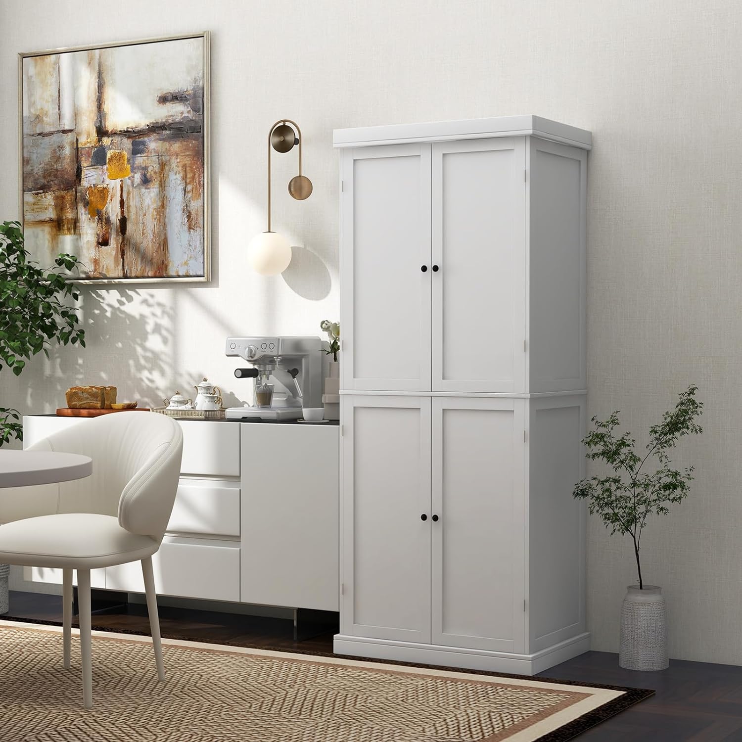 Armario Alto de Cocina Con 4 Puertas y 6 Estantes Ajustables, de Despensa, Buffet, Baño y Almacenamiento Para Cocina, Salón, Color Blanco - 7