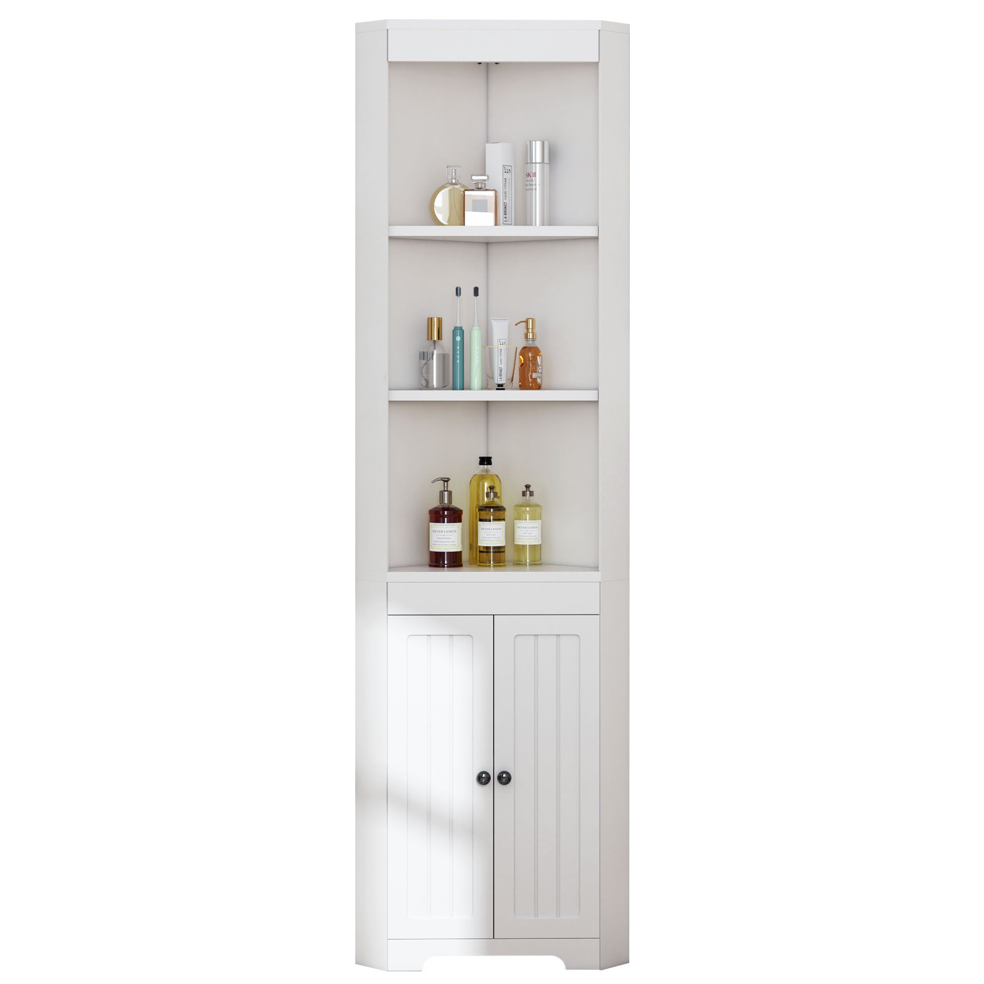 Mueble de baño esquinero - 2 puertas y 3 compartimentos abiertos - Madera MDF - Blanco - 5