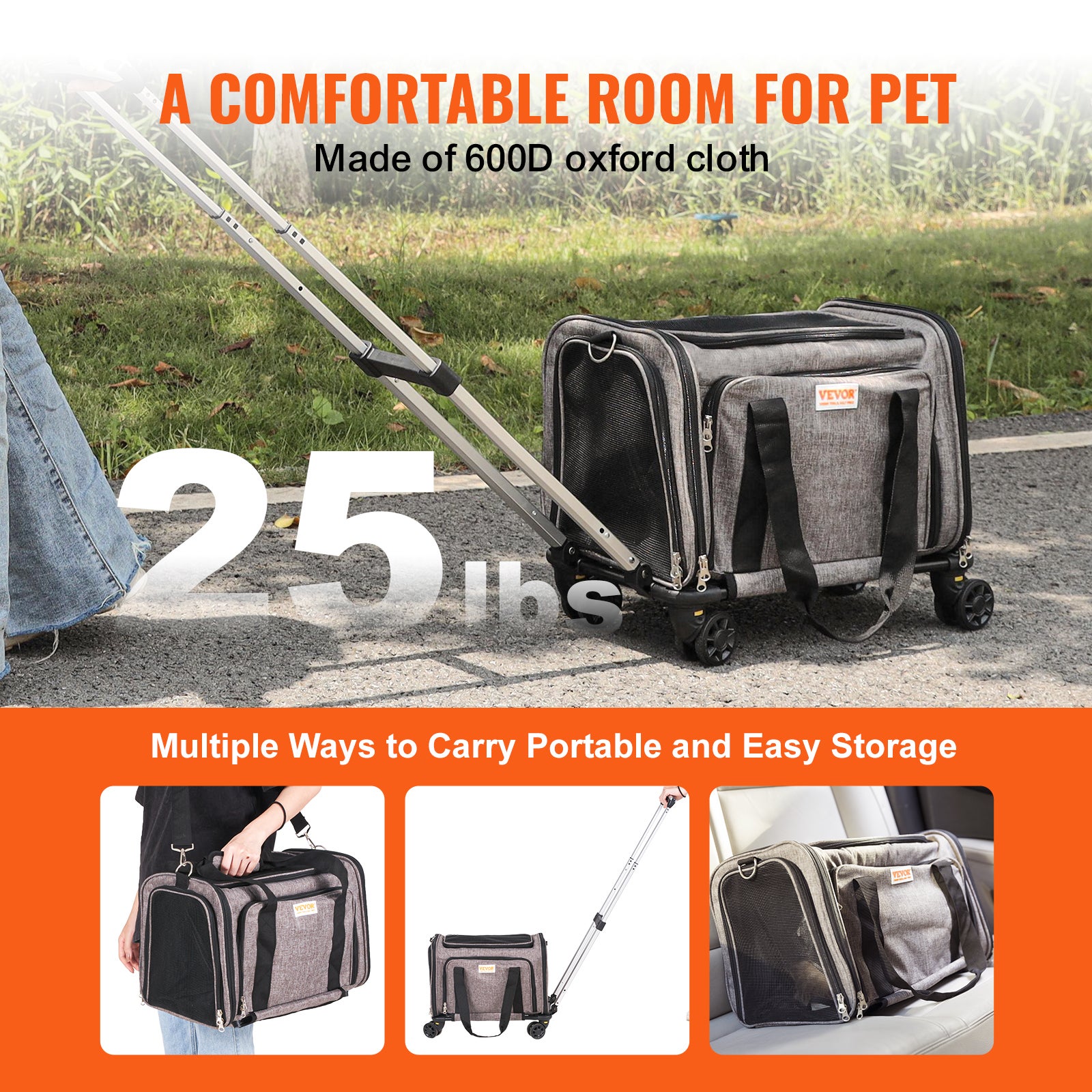 Sac à Roulettes Chat Chien VEVOR 11,3 kg Sac Transport Chats Poignée Télescopique Bandoulière Gamelle Pliable Transporteur Roulant Fermeture Éclair - 5