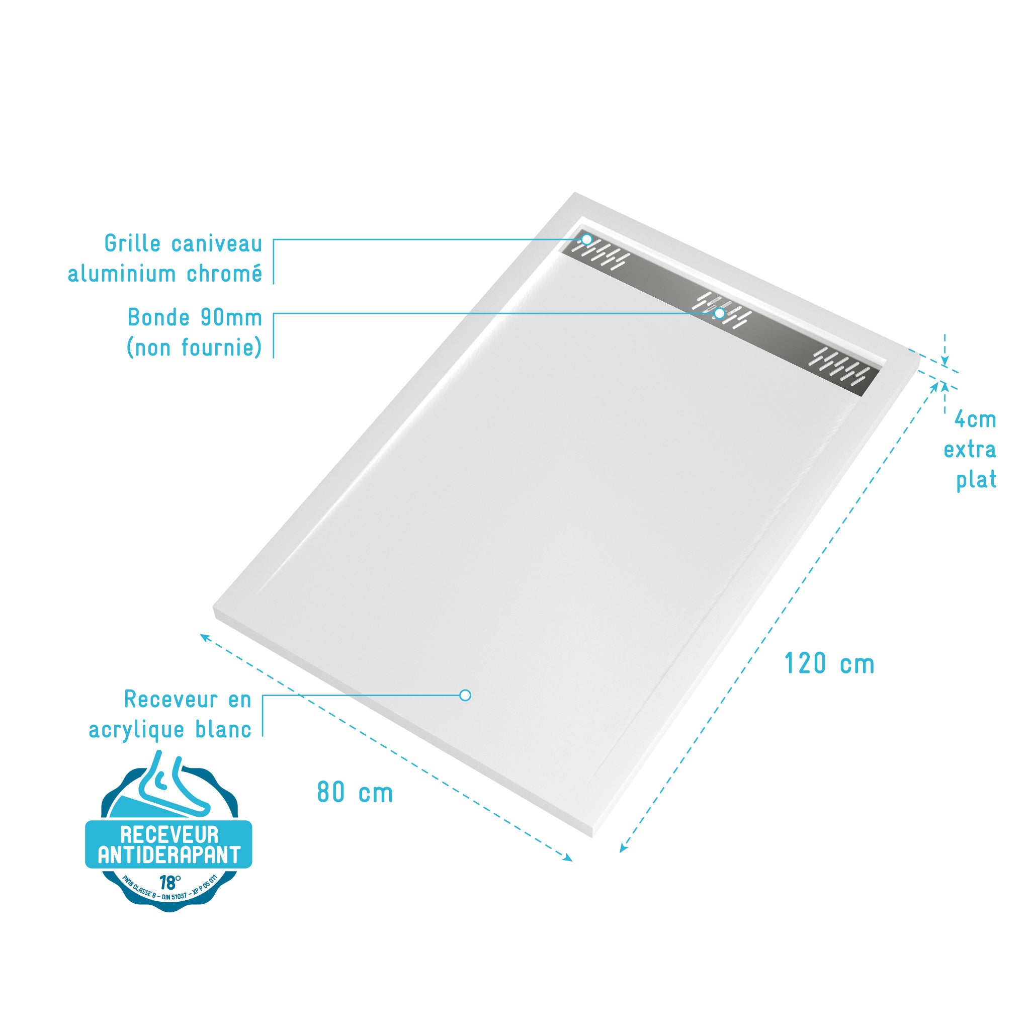 Receveur en acrylique Blanc 80x120x4 cm - Grille Linéaire Chrome - WHITENESS II - 4