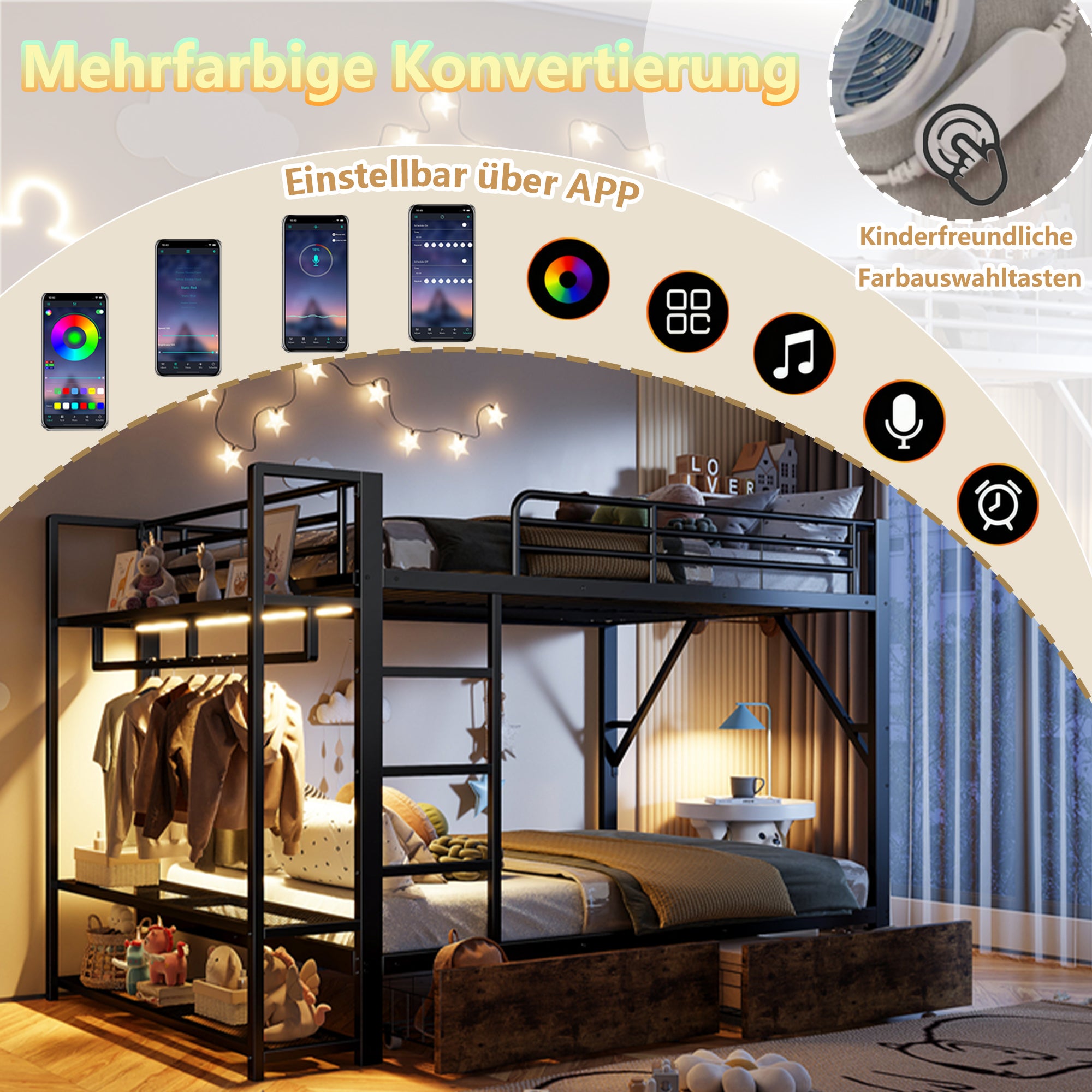 Lit Mezzanine 140x200 cm Étagère avec LED, Cadre de lit Noir avec Tablettes et Porte-Vêtements Métallique, Lit superposé avec 2 Tiroirs, sans Matelas - 4