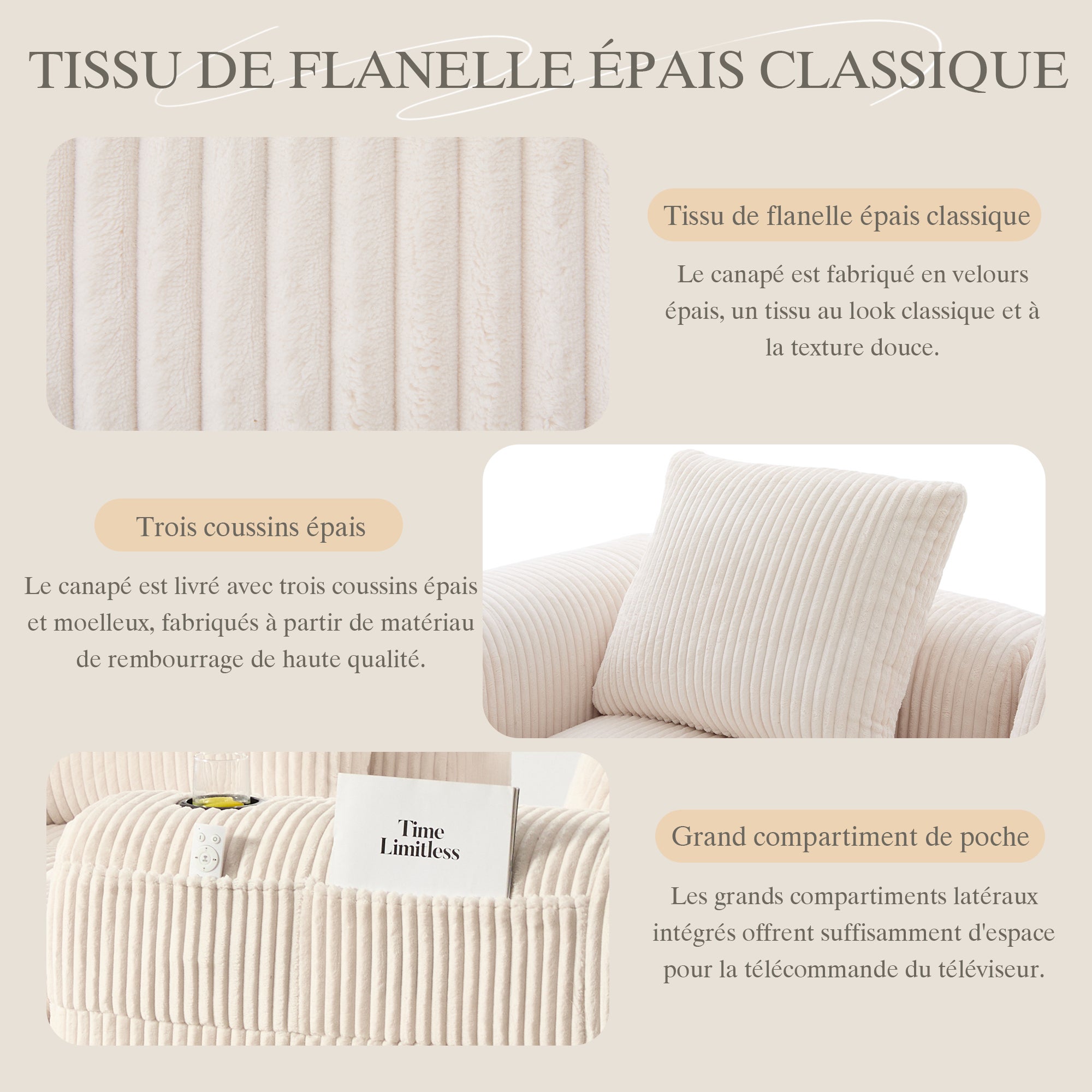 Canapé Convertible d'angle 3 Places en L avec poche latérale et Porte-Gobelets, Canapé Modulable Convertible en Velours Côtelé avec 3 Coussins, Beige - 7