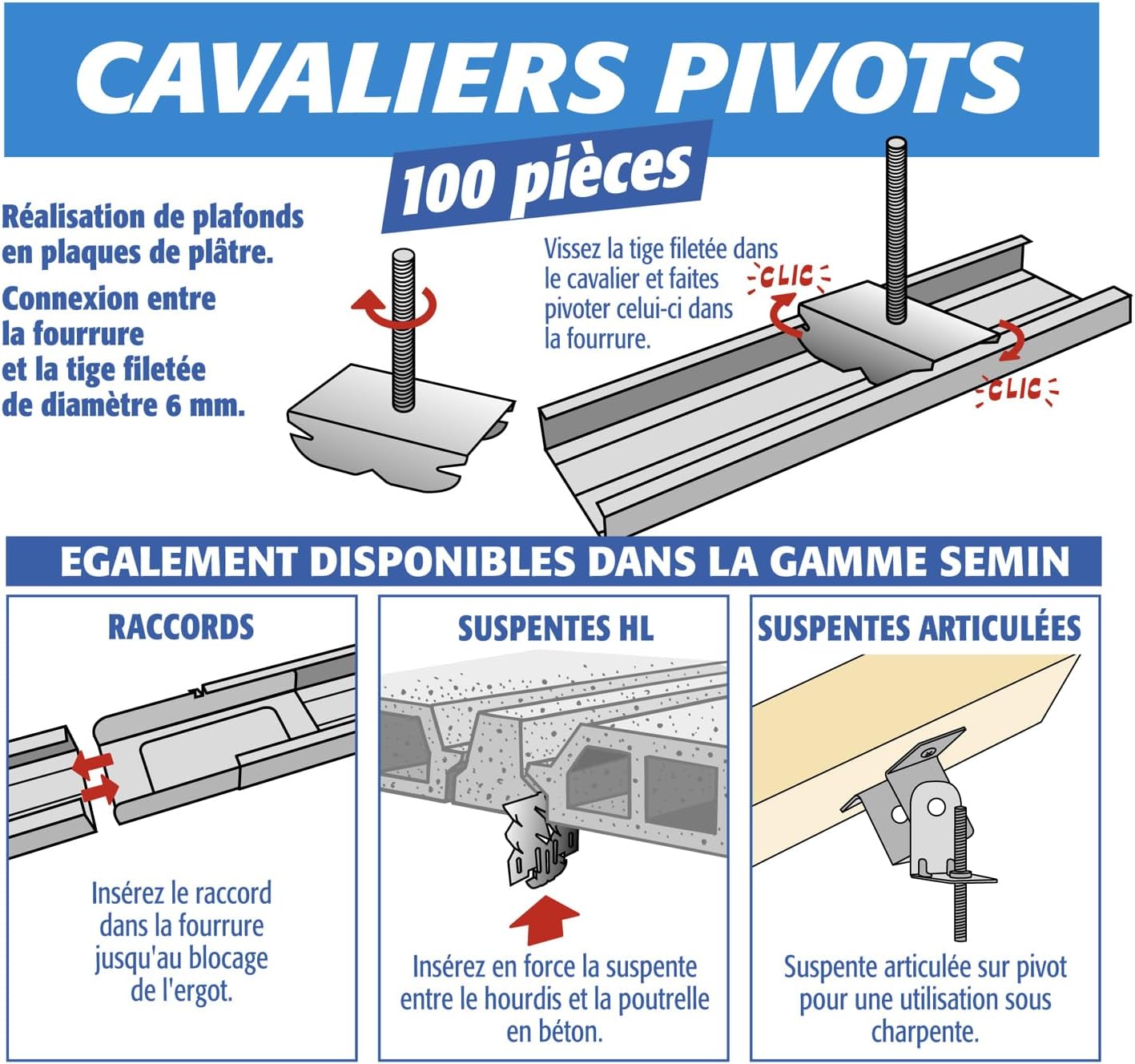 Bride de Fourrure Cavalier Pivot Semin, pour Plafond Suspendu, Boite de 100, lot de 3 - 5