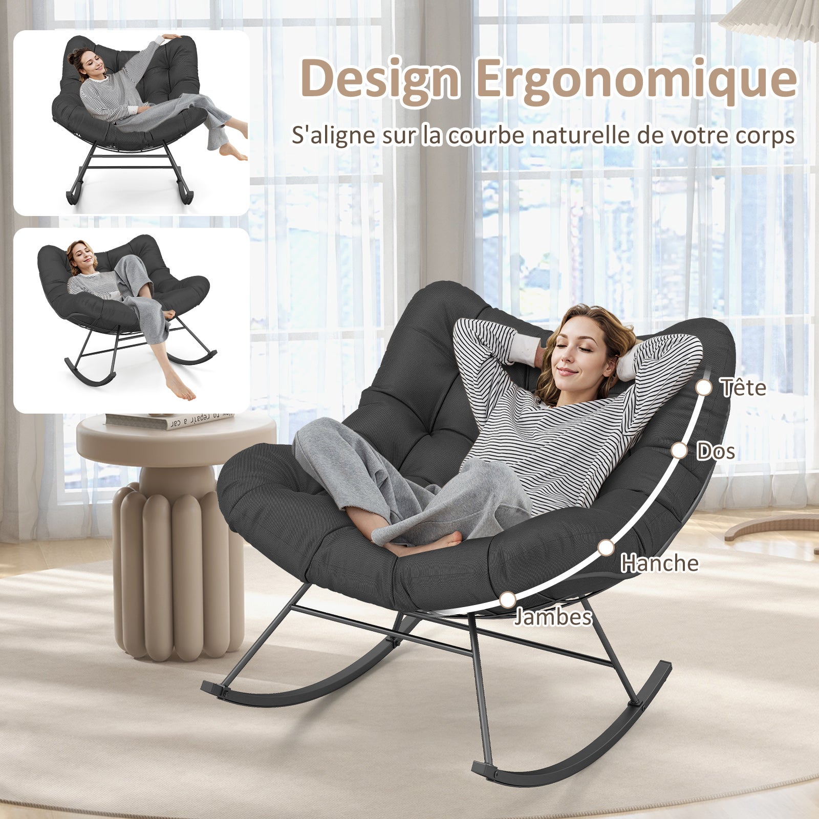 Fauteuil à Bascule Intérieur et Extérieur, Chaise Papasan Forme oeuf Surdimensionnée avec Coussin Rembourré, Charge 205KG, Noir Anthracite - 6