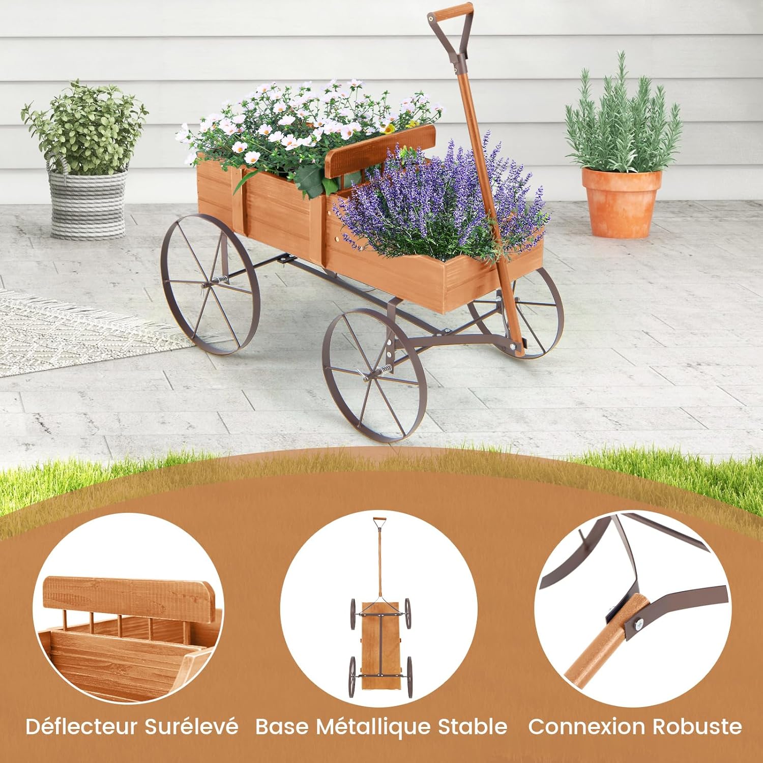 Brouette Décorative en Bois avec 2 Compartiments à Planter, Jardinière avec Roues Métalliques et Poignée à l'avant Charge 15kg (Orange) - 4