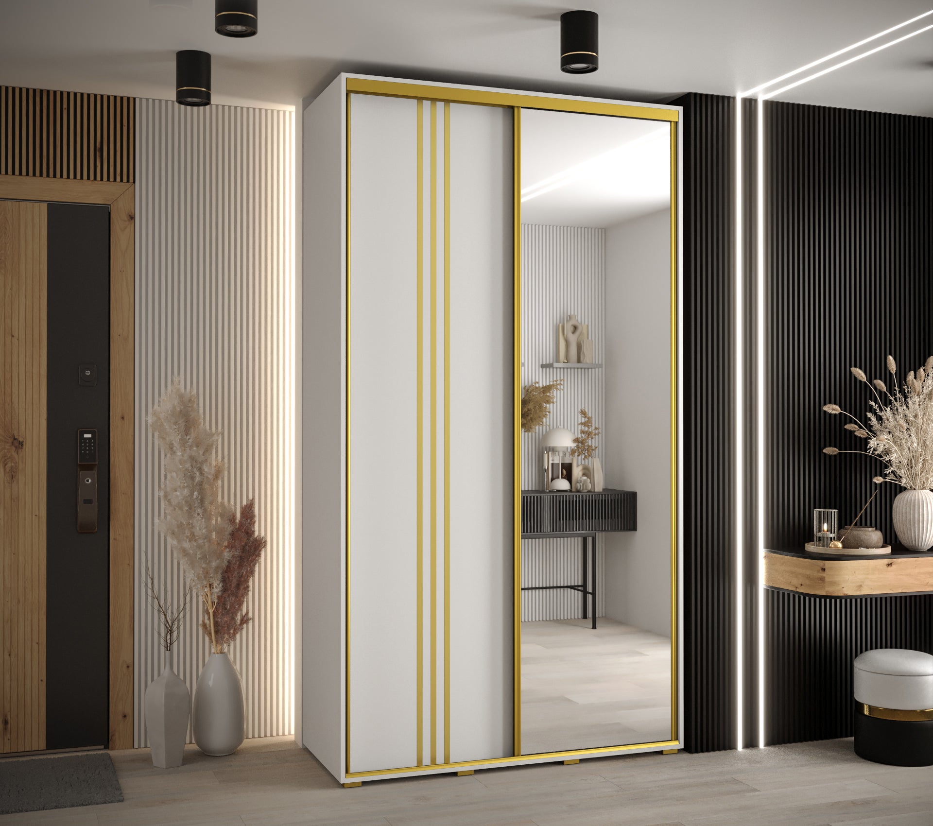 Szafa przesuwna z lustrem wysoka Davos 7 130 x 45 x 235,2 cm biały + biały + u. złoty - Abiks Meble - 2