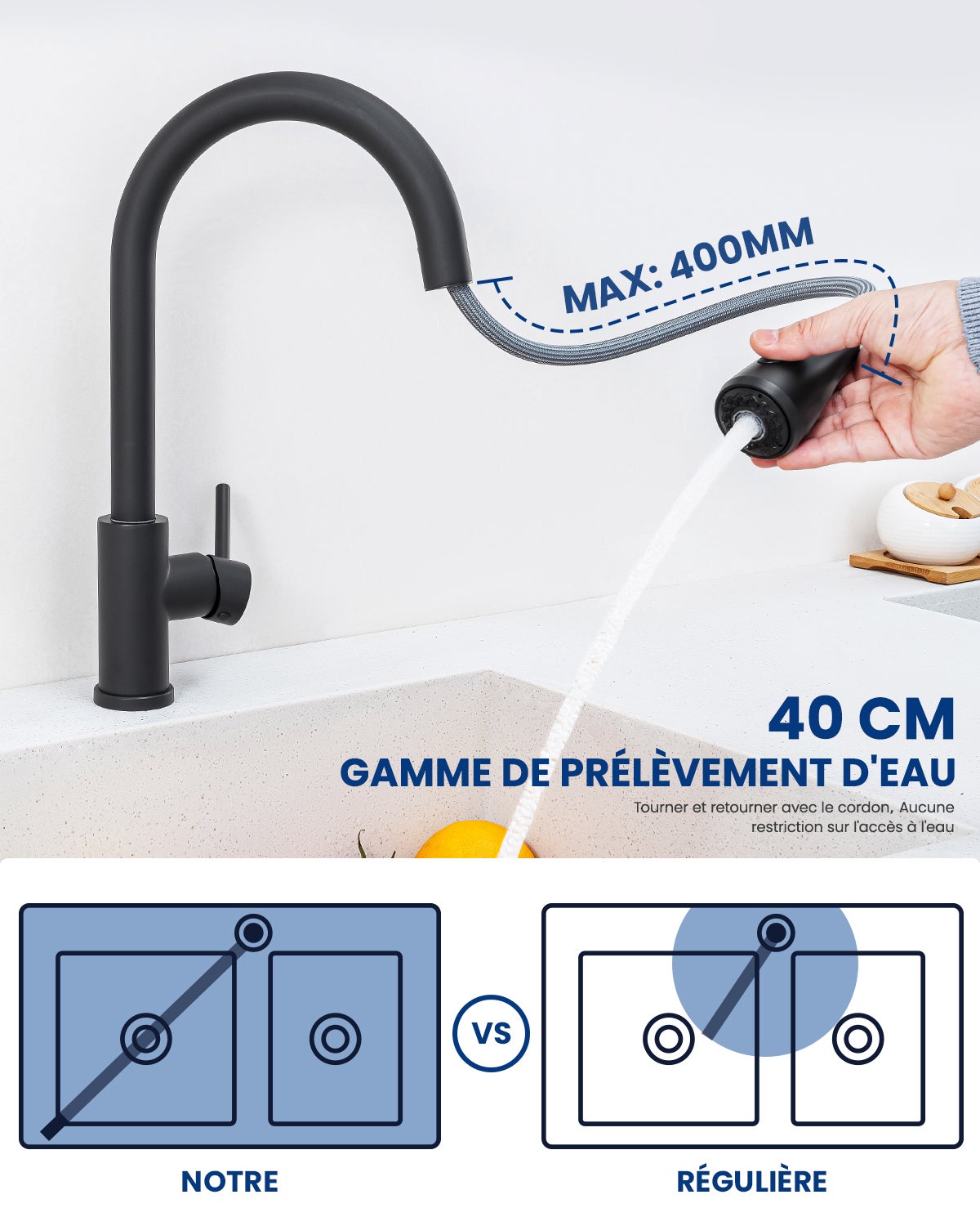 Mitigeur Evier Avec Douchette Extractible - Robinet de Cuisine à 2 Modes de Pulvérisat - Mitigeur Evier Avec Barboteur Démotable - 3