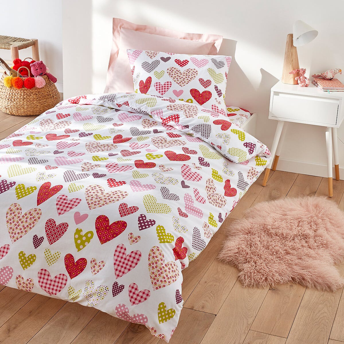 VERTBAUDET Drap-Housse Enfant Coeurs En Fête Écru/Multicolore 90x190 - 100% Coton Oeko-Tex