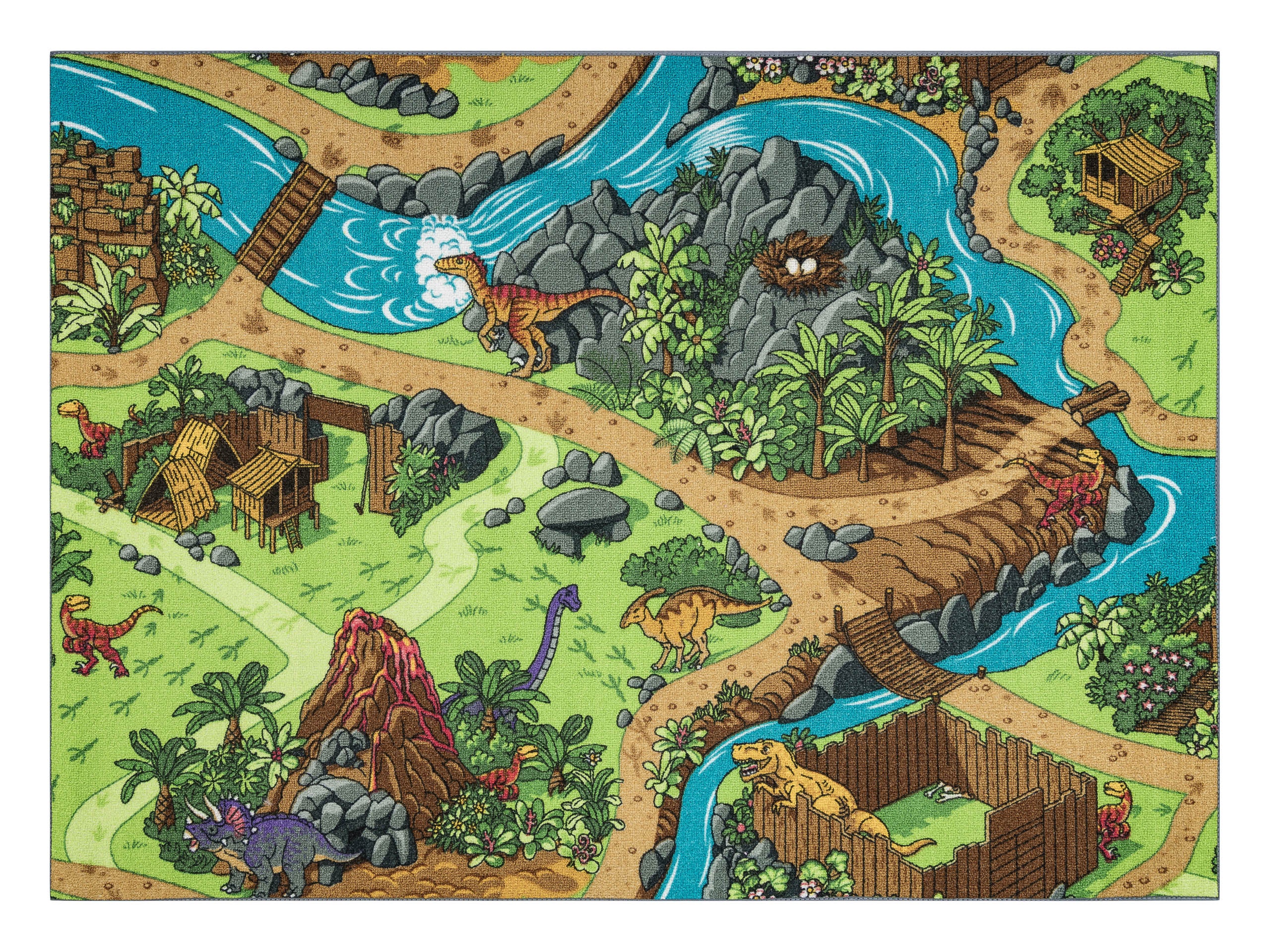 DYWAN REBEL ROADS Dino World 29 Dinozaury, dla dzieci antypoślizgowy - szary / zielony 95x133 cm