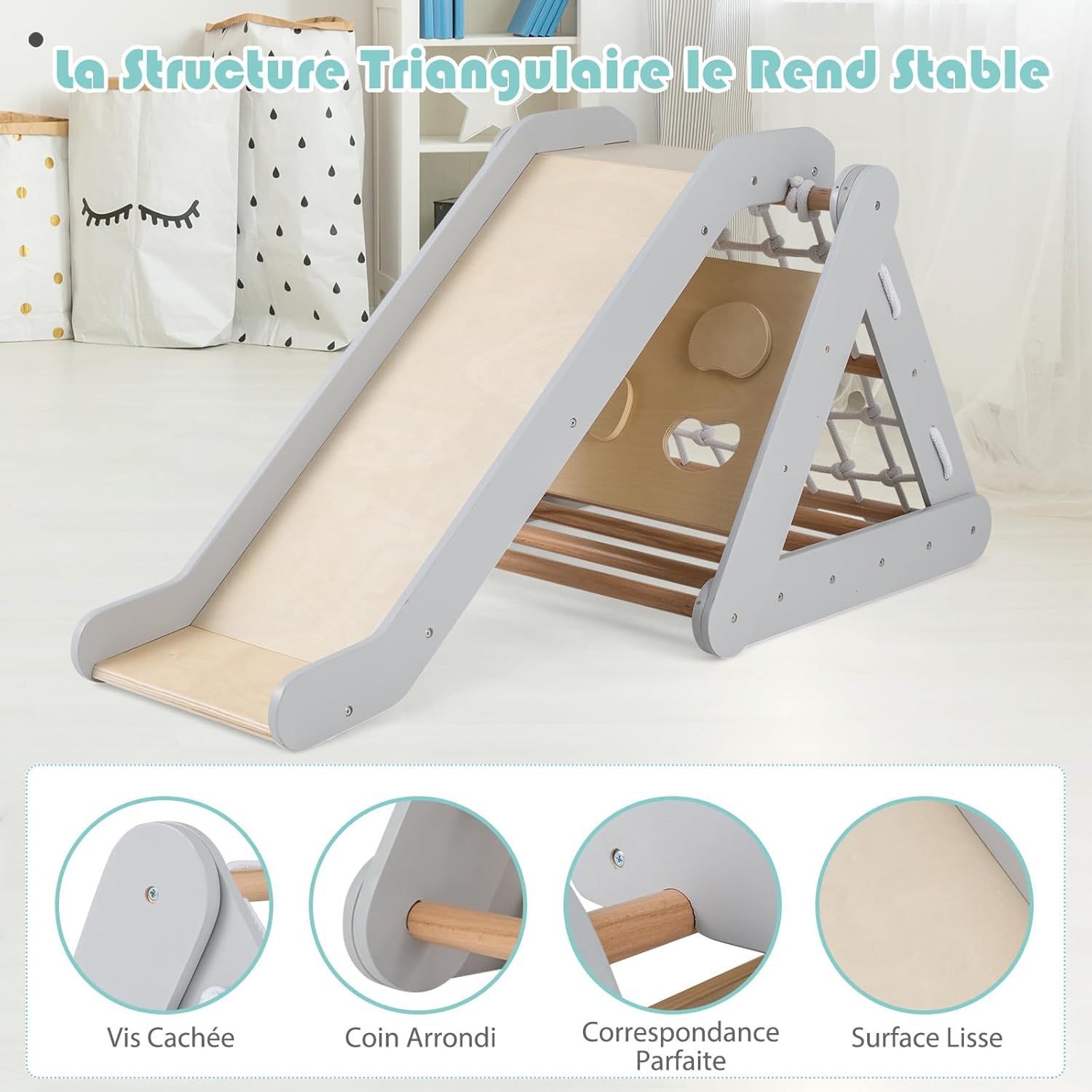 Triangle d’Escalade Montessori Enfants avec Filet à Grimper, Planche et Échelle,Pierres avec Toboggan,Aire de Jeux Intérieur pour Bébé 1 an+(Gris) - 6