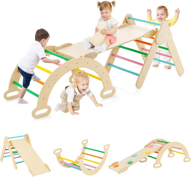 7 en 1 Triangle Arche Montessori d'escalade Enfants avec Toboggan Bois, Rampe, Échelle Réglable, Charge 50 KG, pour Tout-Petits Bébé 1 An+