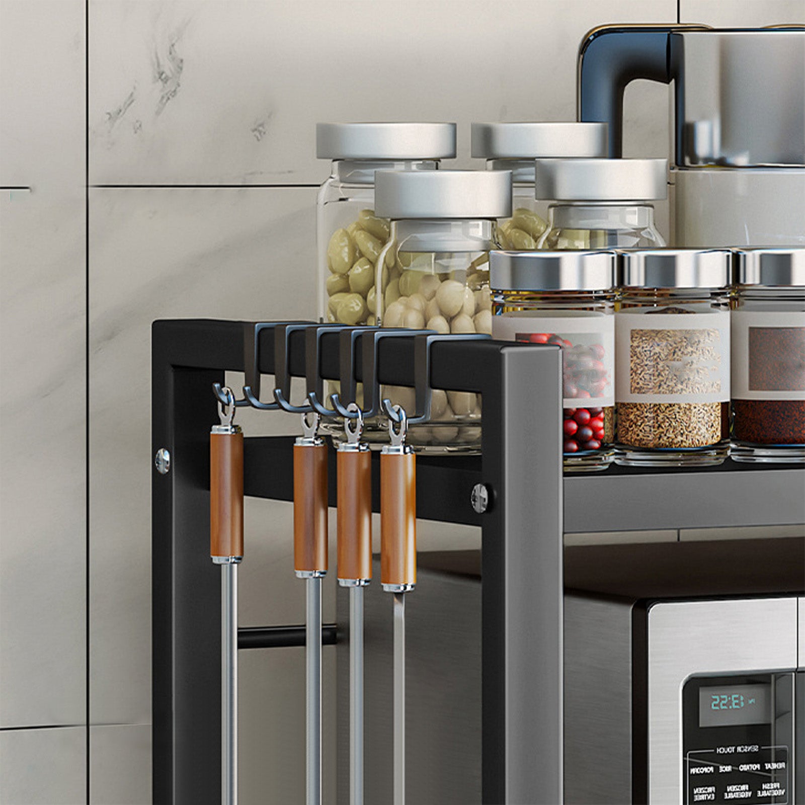 Étagère de Cuisine 2 Niveaux Structure Noireavec 6 crochets – Rangement Micro-ondes et Appareils Multifonction Renforcé - 40-64 cm - 3