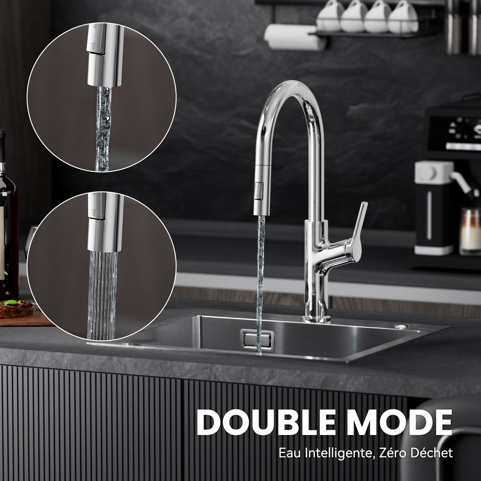 Cecipa max Robinet de Cuisine avec Douchette Extractible, Mitigeur de Cuisine en Inox, Robinet de Cuisine Rotation à 360° - 3