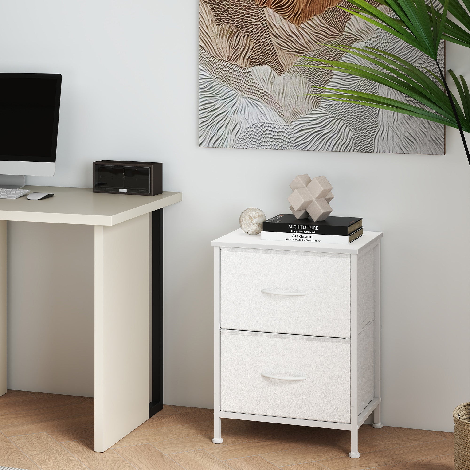 Cómoda con 2 Cajones para Dormitorio, Mueble de Almacenaje, Acero, MDF, Tela no Tejida, Blanco - 3