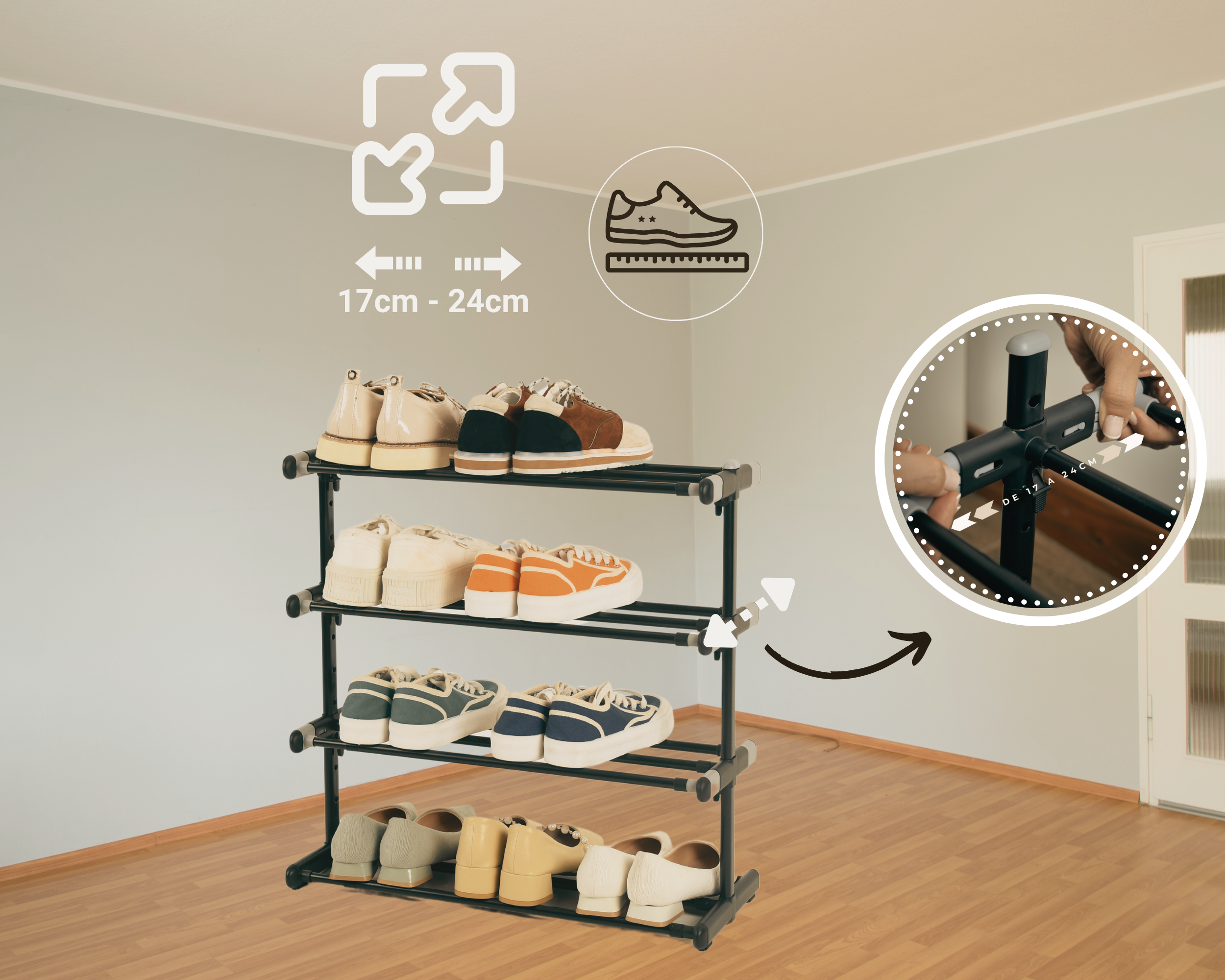ABB4US | Zapatero Metálico Extensible 4 Baldas | 20 pares | 55×24×55,5 cm | Estantería para Zapatos | Organizador para Entrada, Dormitorio o Armario - 5