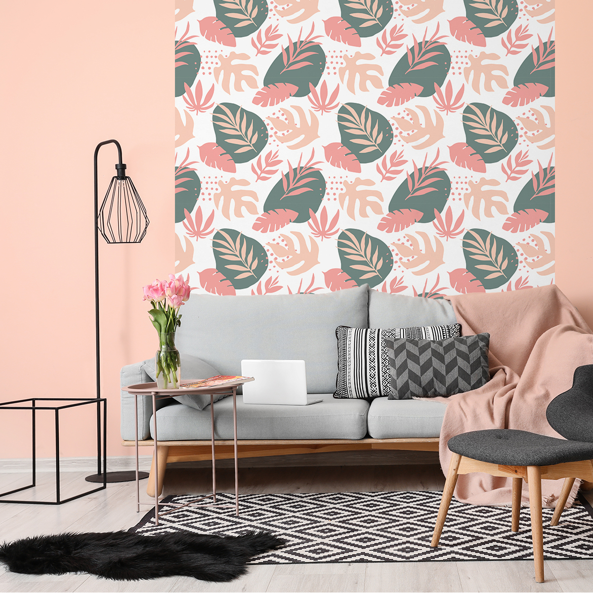Papel pintado prepegado hojas de palma rosa tropical h300 x l60 cm - adhesivo de pared - revestimiento sticker mural decorativo