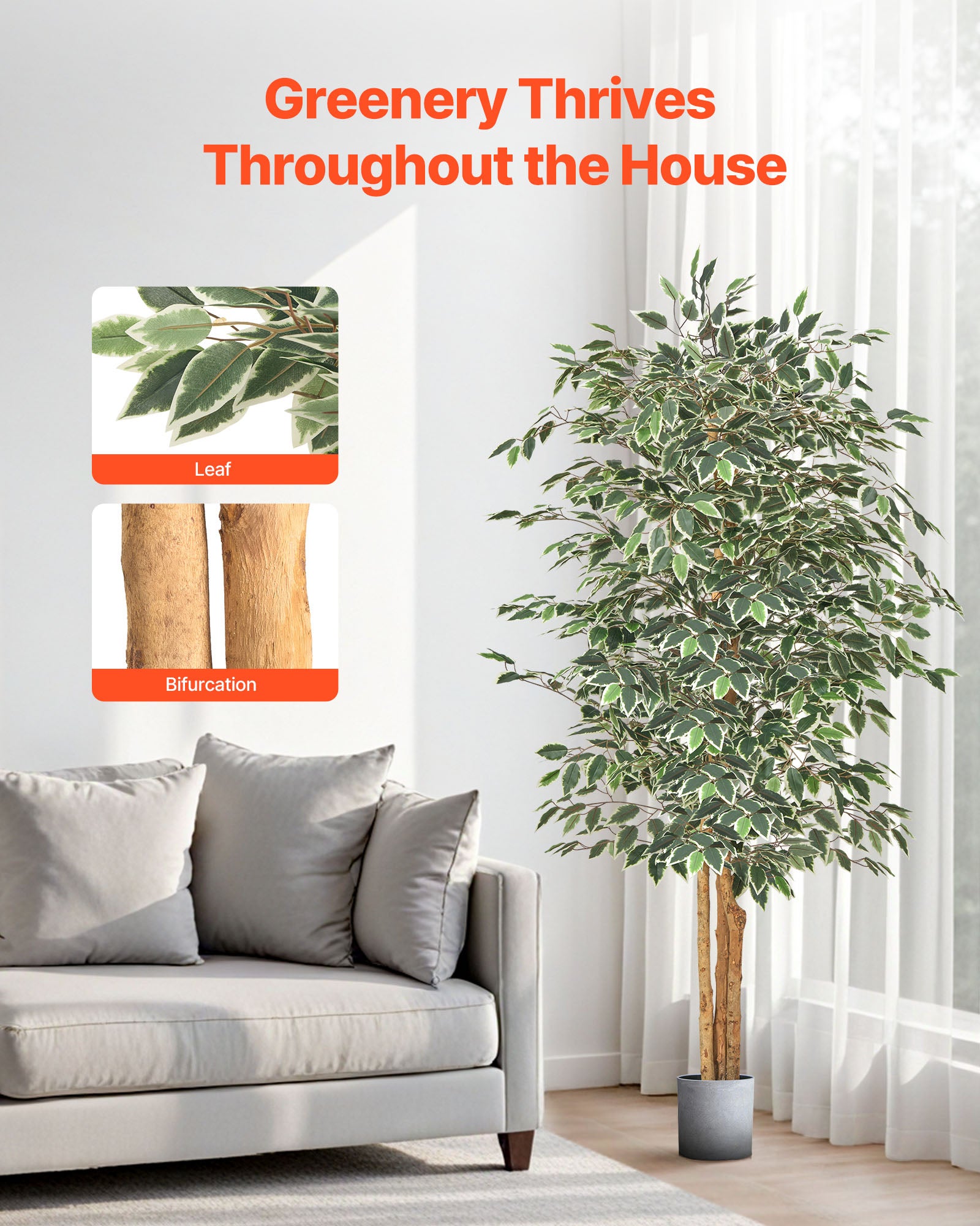 Árbol artificial VEVOR 1,8 m,planta ficus artificial de polietileno con maceta negra,ideal para oficina,salón,dormitorio y decoración del hogar. - 3