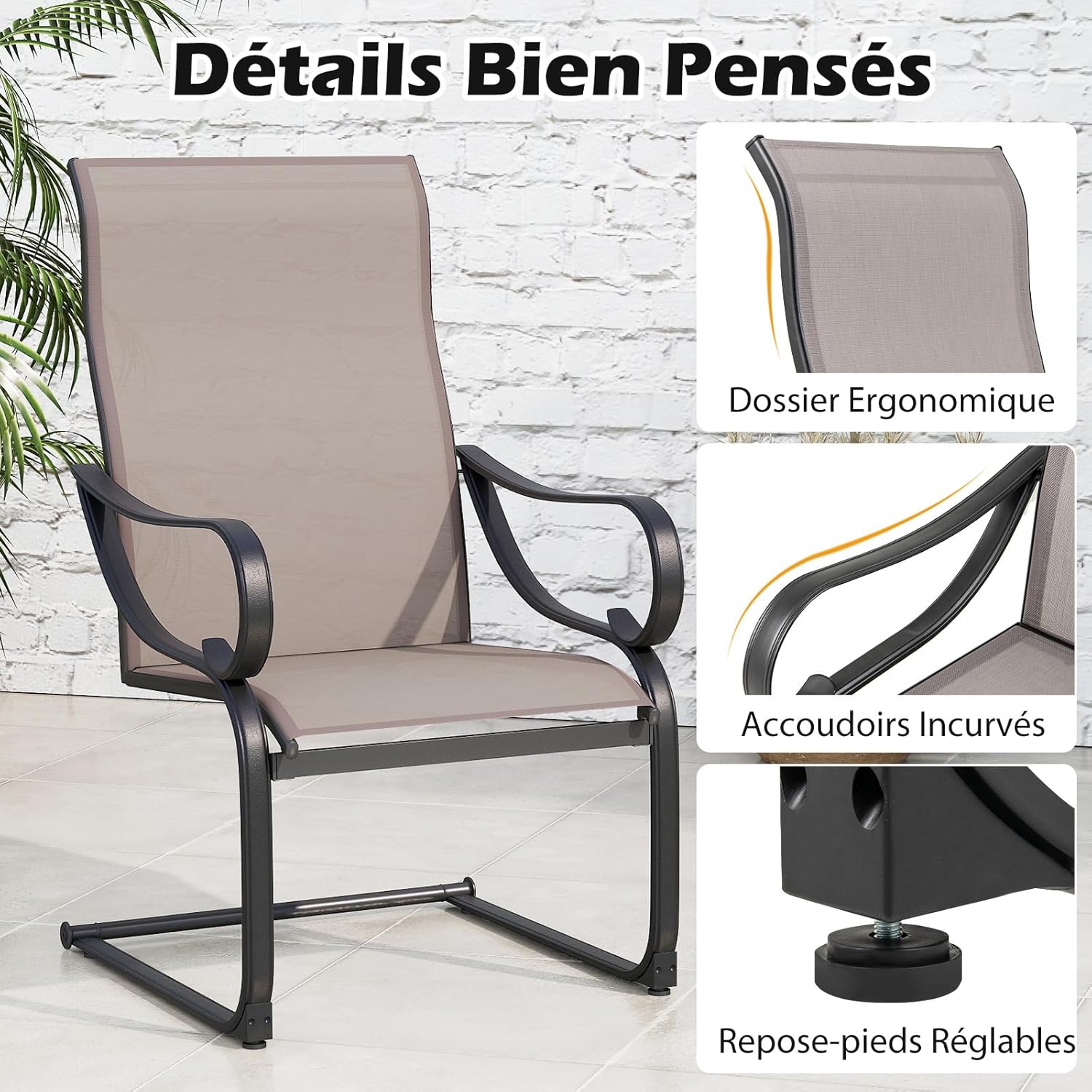 Set di 2 Sedie Pranzo da Giardino a Forma di C, Sedie da Esterno con Schienale Alto e Tessuto a Rete, Sedia in Metallo Super Resistenti per Gi - 8