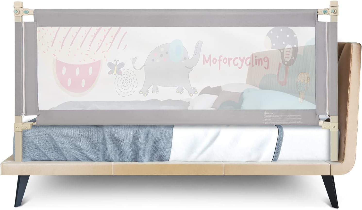 Barrera de seguridad infantil, cama plegable, bordes redondeados y malla transpirable (gris+patrón de elefante, 174,5 × 25 × 72,5 cm)