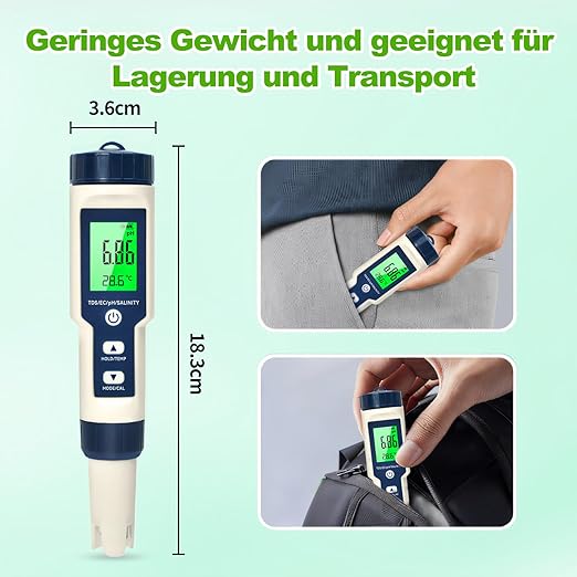 pH-mètre pour l'eau, pH/TDS/EC/salinité/thermomètre 5 en 1 avec écran LCD, pH-mètre,compensation automatique de la température - 5