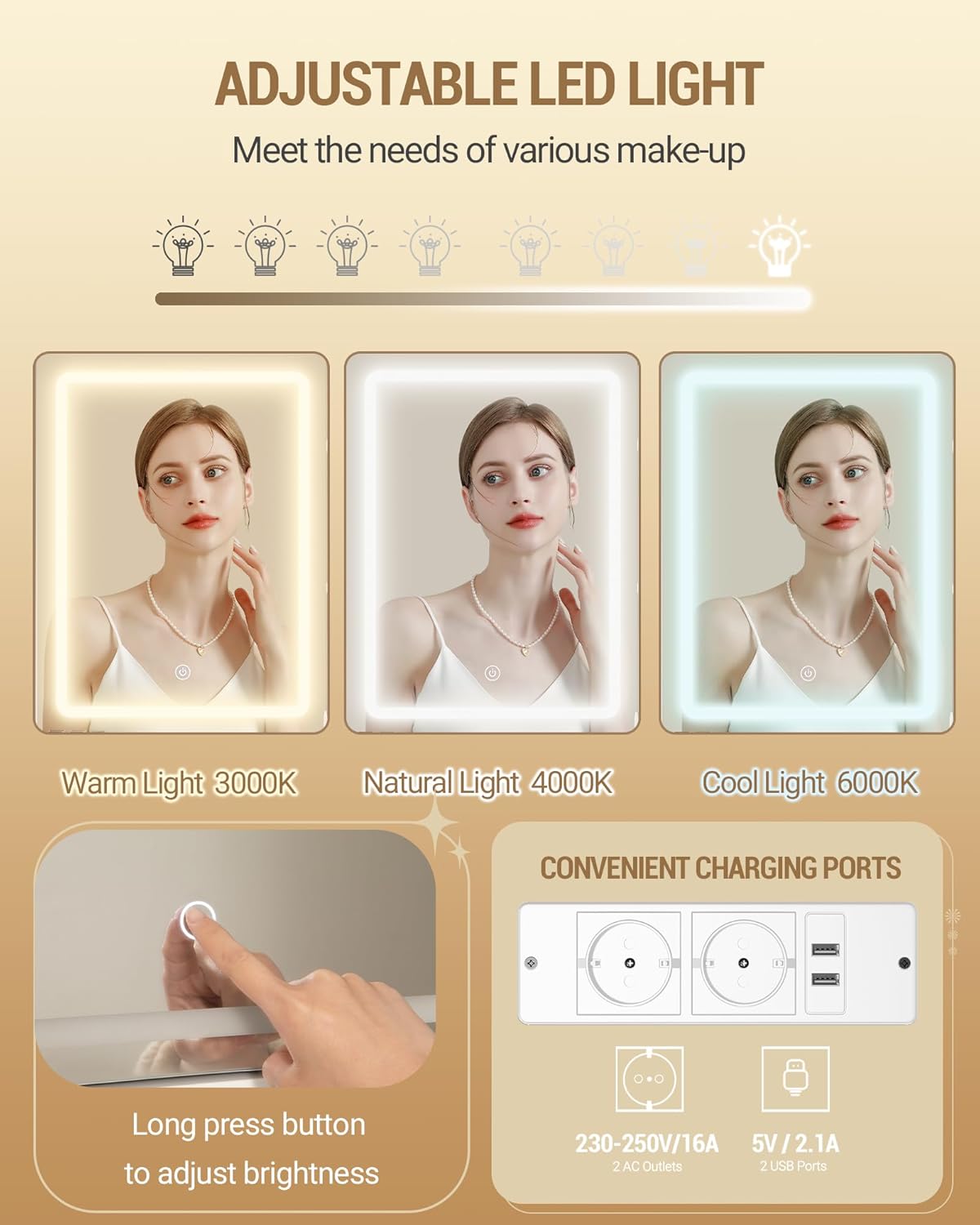 Coiffeuse avec Lumière LED, 2 Prises et 2 USB, avec 2 Tiroirs et 4 Étagères Ouvertes, Compartiment de Rangement, pour Chambre,Style Moderne, Blanc - 3
