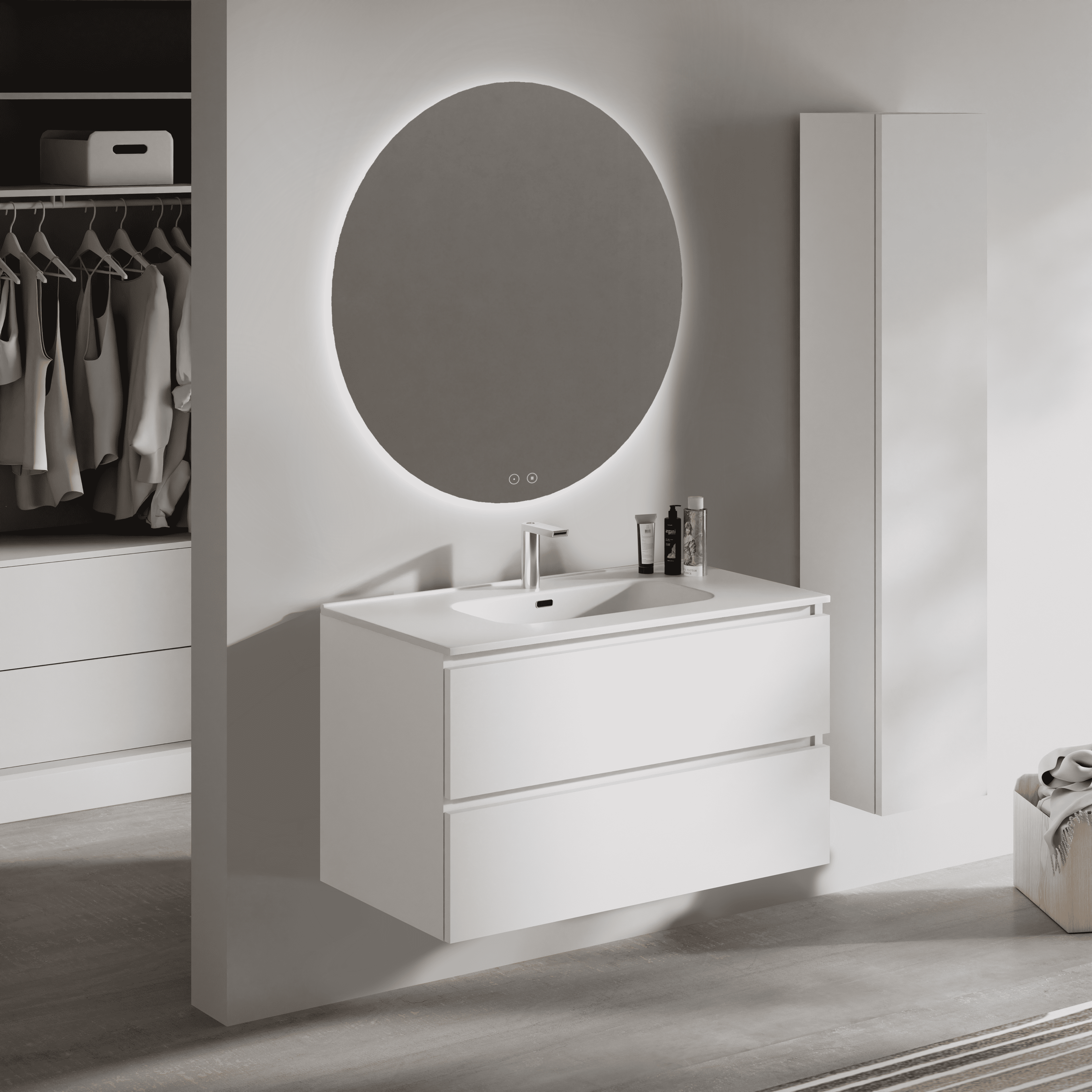 Feel Your Bath, Meuble de Salle de Bain PANTER Blanc 80 cm, 2 Tiroirs, Vasque Céramique Intégrée et Miroir Rond LED - 2