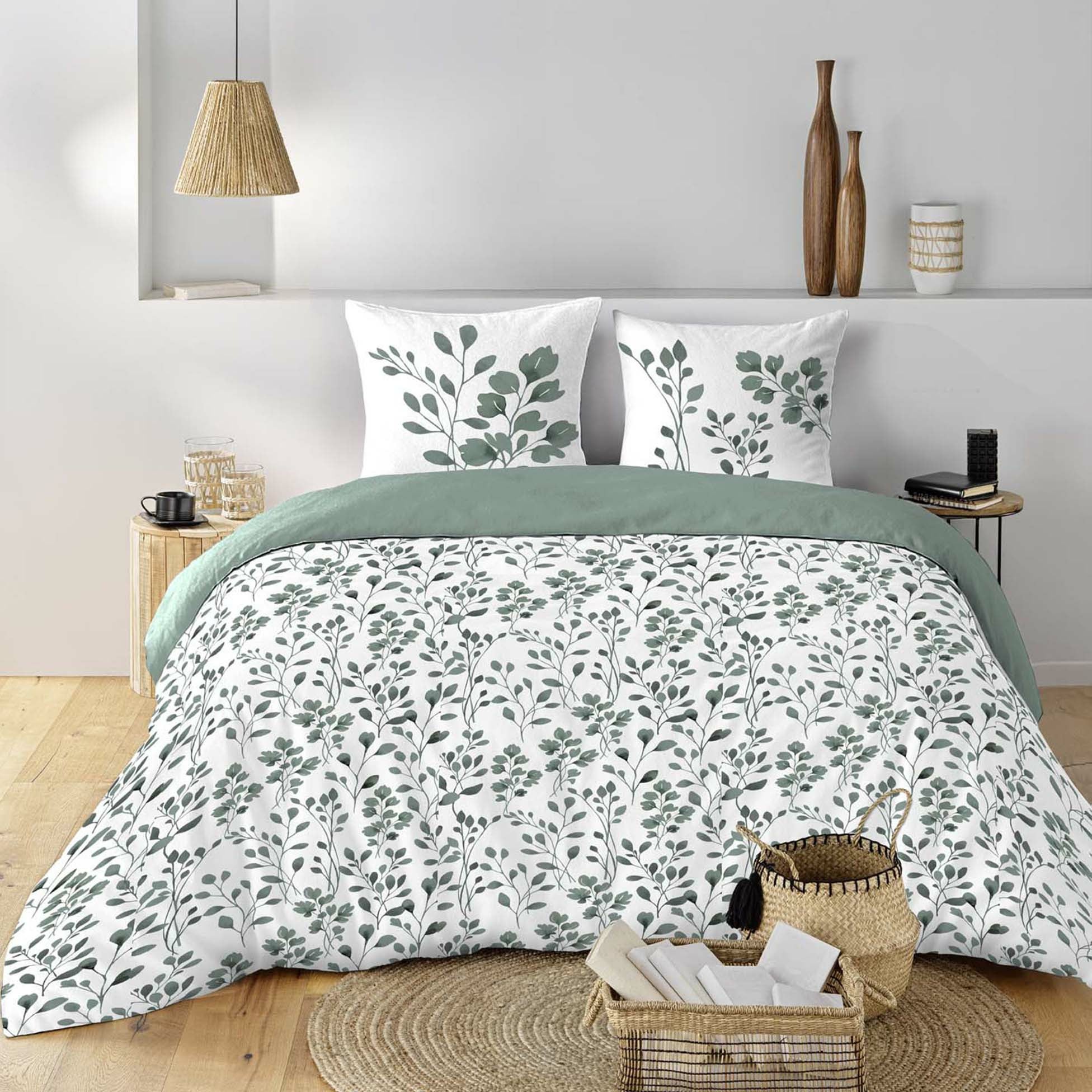 Housse de couette 240 x 220 coton naturel 57 fils MAIWEN Sauge + 2 taies - 4