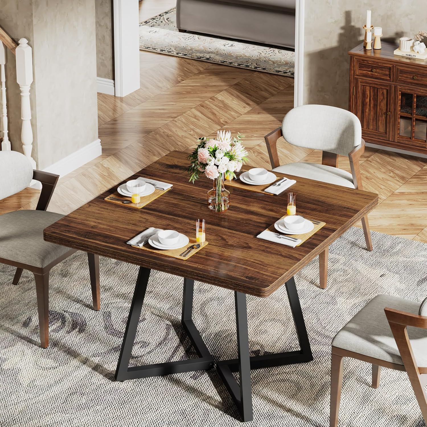 Tribesigns Table de Cuisine pour 4 Personnes, Table de Salle à Manger Petite avec Pied métallique de Style Industriel, 80 x 80 x 75 cm, Marron - 6
