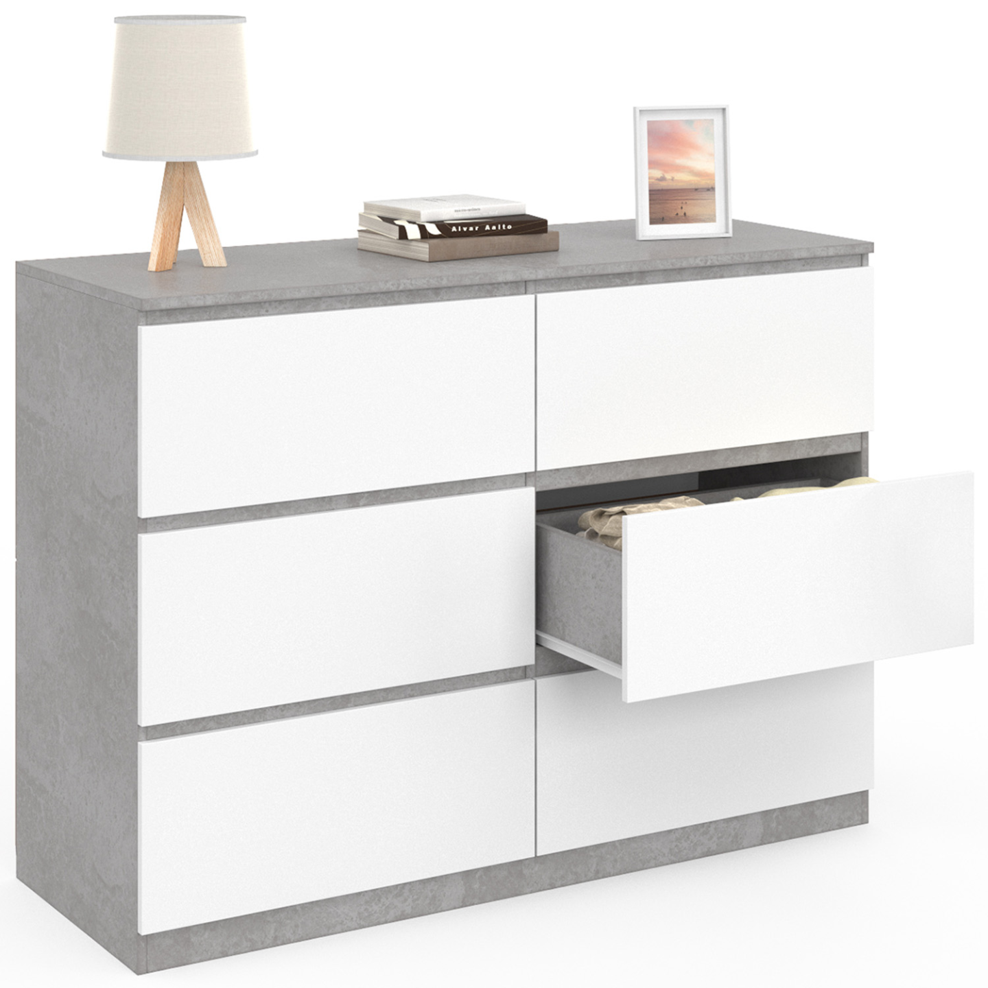 Commode 6 tiroirs TOMI 110 cm blanc et effet béton - 4