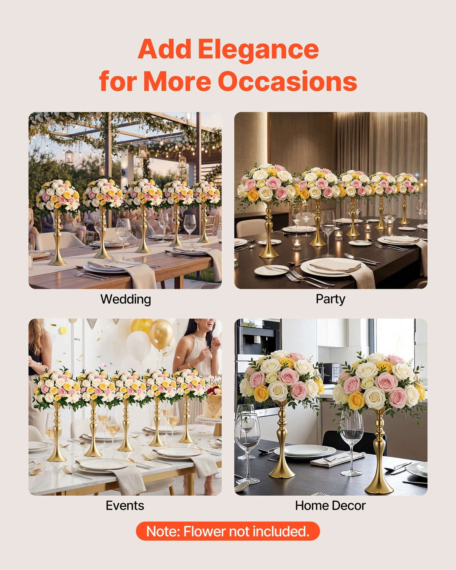 Vase de Mariage Métal VEVOR Lot de 16 Vase de Centre de Table Hauteur 38 cm Support pour Compositions Florales, Banquets Fêtes, Décoration Intérieure - 5